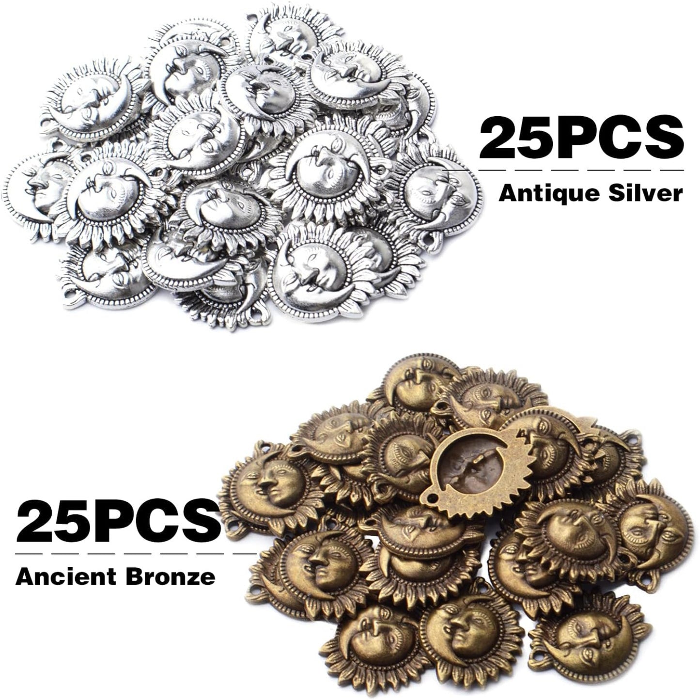 50pcs Sun and Moon Charms Pendants Alloy Sun Smile Celestial Craft Supplies for Necklace Bracelet DIY Jewelry Making Accessories