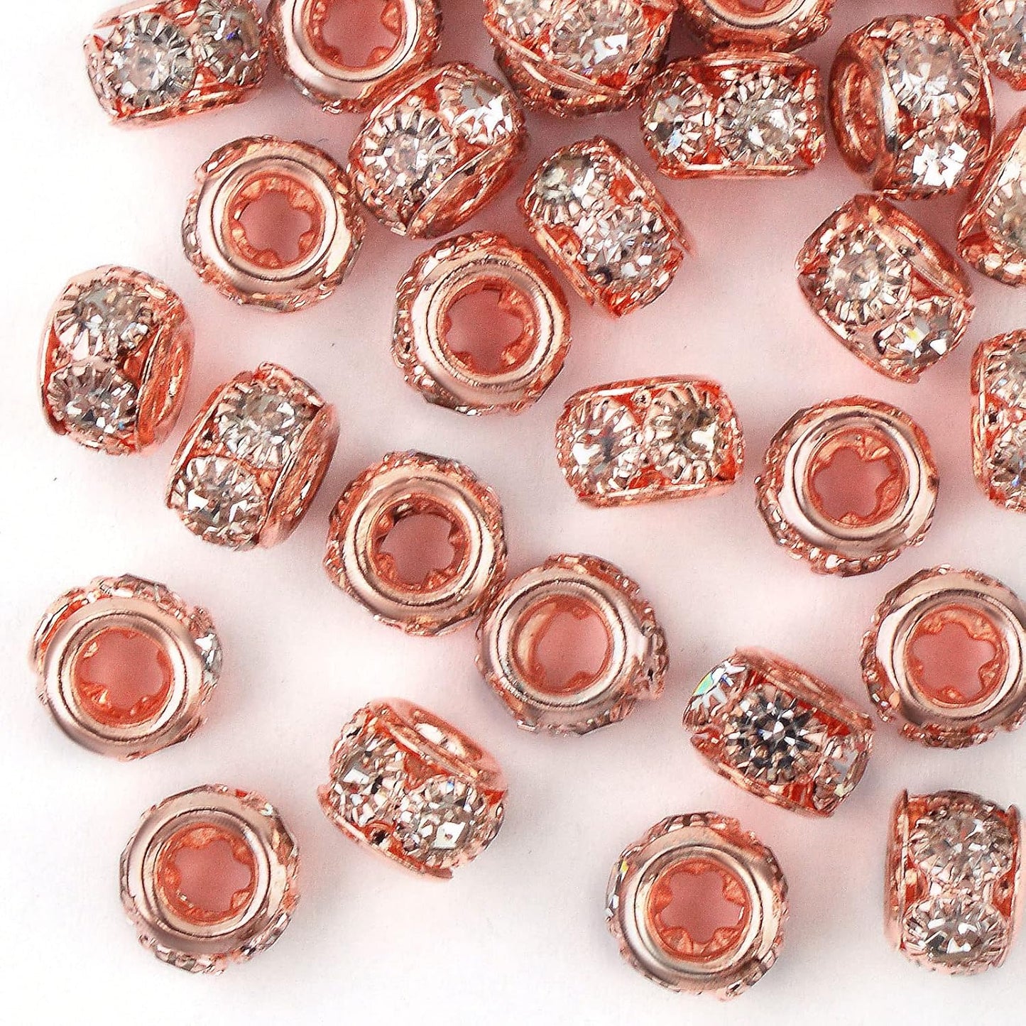 40pcs Rose Golden Crystal Rhinestone Spacer Beads European Large Hole Rondelle Beads for DIY Bracelet Snake Chain Jewelry Making Handmade Decor, Hole: 3.9 mm