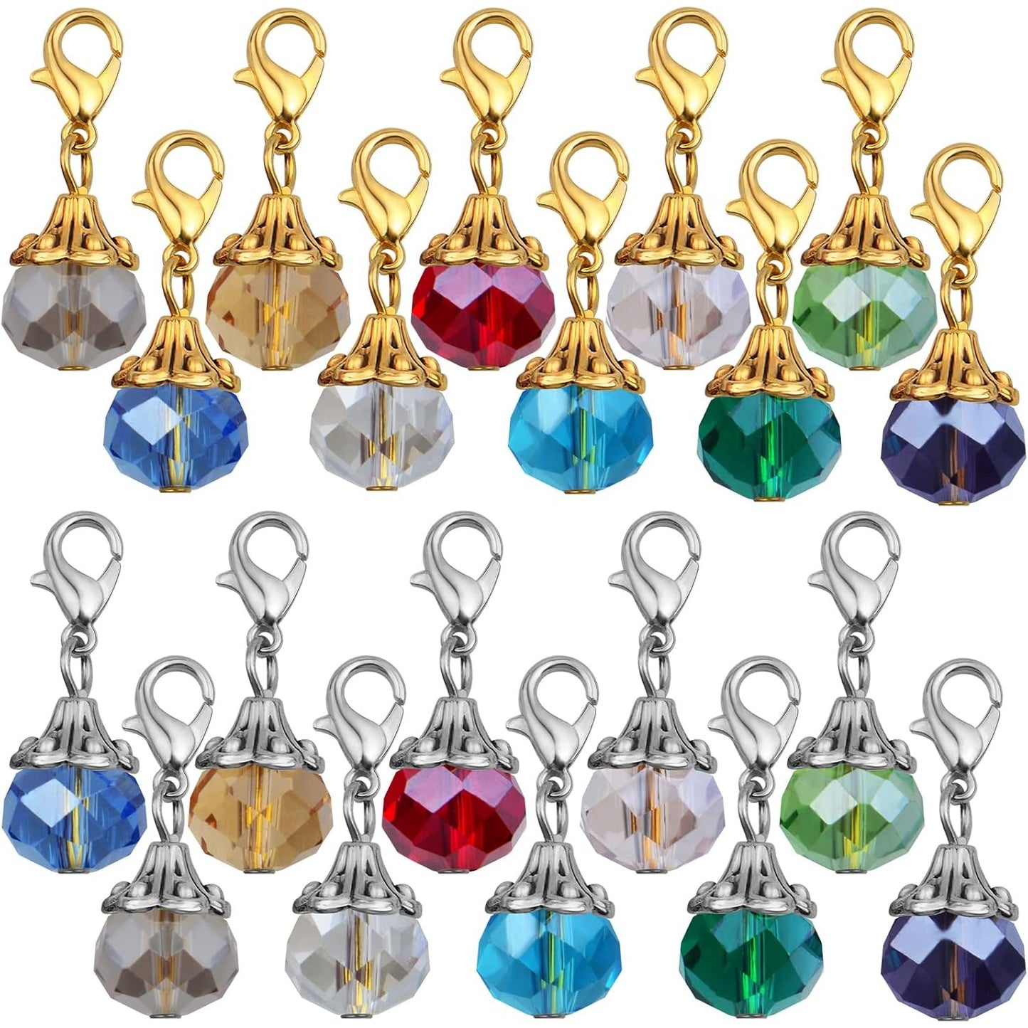 40pcs Colorful Crystal Dangle Charms Antique Golden Silver Flower Bead Cap Drops Pendants with Lobster Claw Clasps for DIY Bracelet Necklace Earrings Jewelry Making