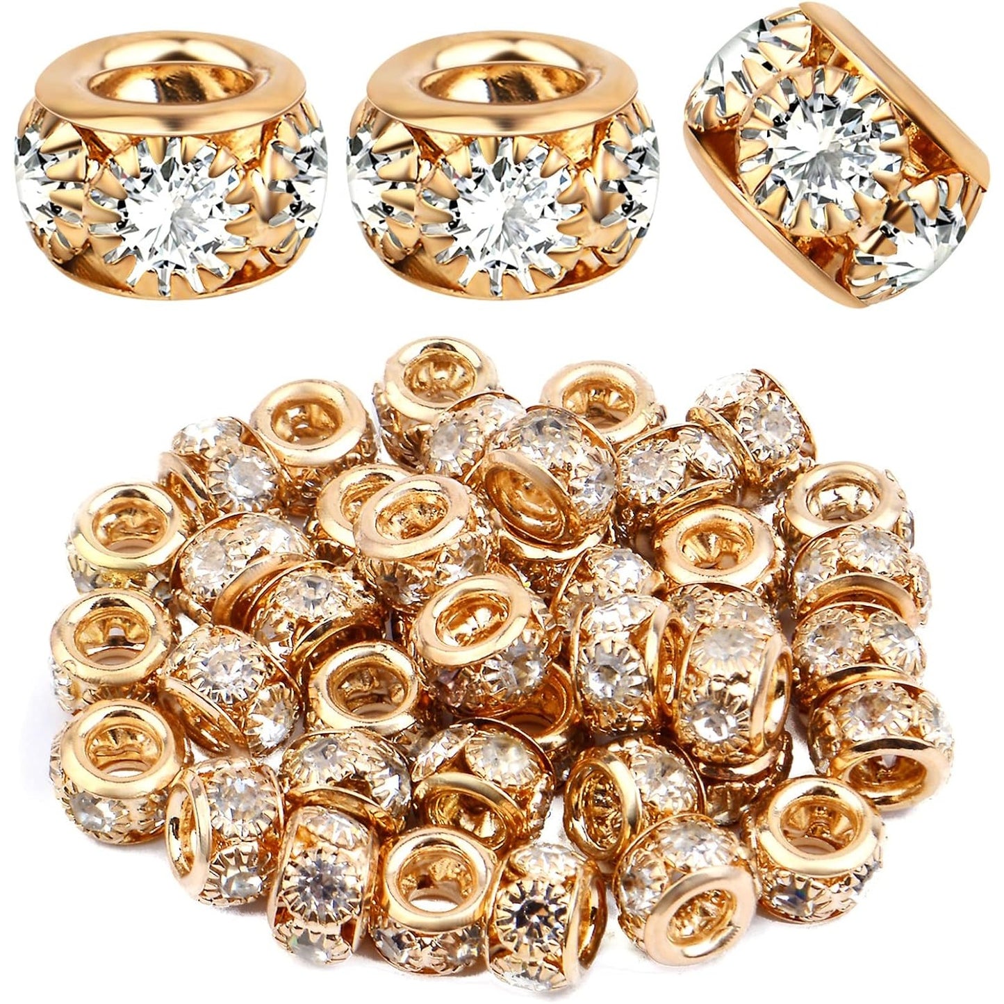 40pcs KC Golden Rhinestone European Spacer Beads Large Hole Rondelle Beads Diamond Crystal Loose Charm Beads for Snake Chain Bracelet Jewelry Making