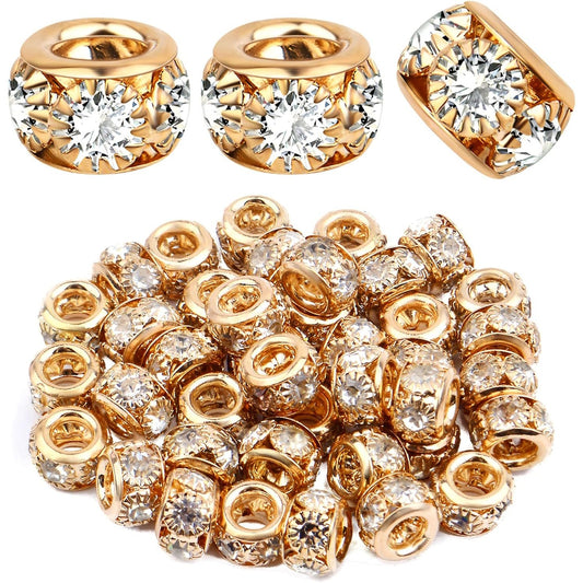 40pcs KC Golden Rhinestone European Spacer Beads Large Hole Rondelle Beads Diamond Crystal Loose Charm Beads for Snake Chain Bracelet Jewelry Making