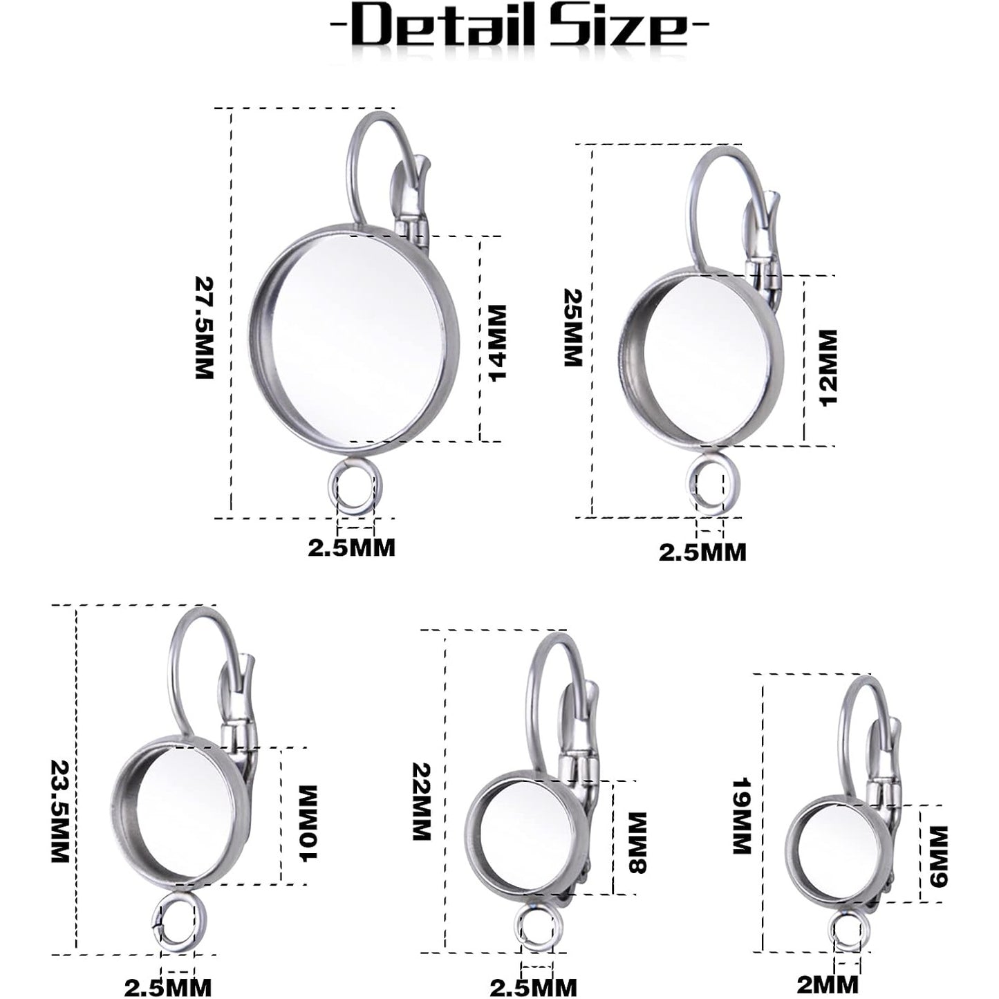 40pcs Leverback French Earring Hooks Stainless Steel Earring Blank Round Bezel Trays Earring Hoops with Loop for Women Men DIY Jewelry Making Supplies, 5 Sizes