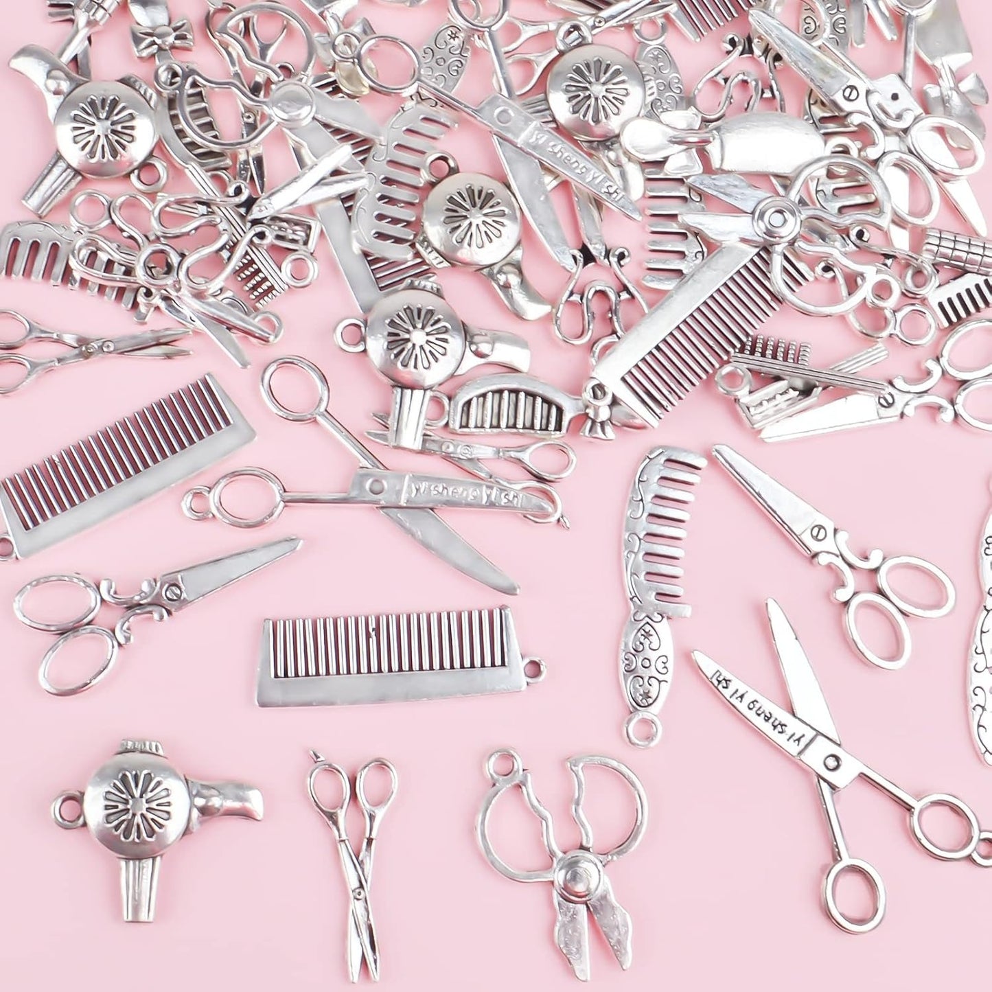 60pcs 10 Styles Hairdresser Charms Collection Hair Stylist Charms Pendant Scissor Comb Hairdressing Tools for DIY Necklace Bracelet Jewelry Making