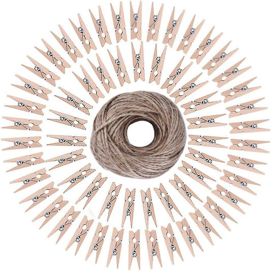 50pcs Mini Wooden Utility Paper Clip, Clothespins Clip, Clothes Line Clips with 300 Feet Natural Twine