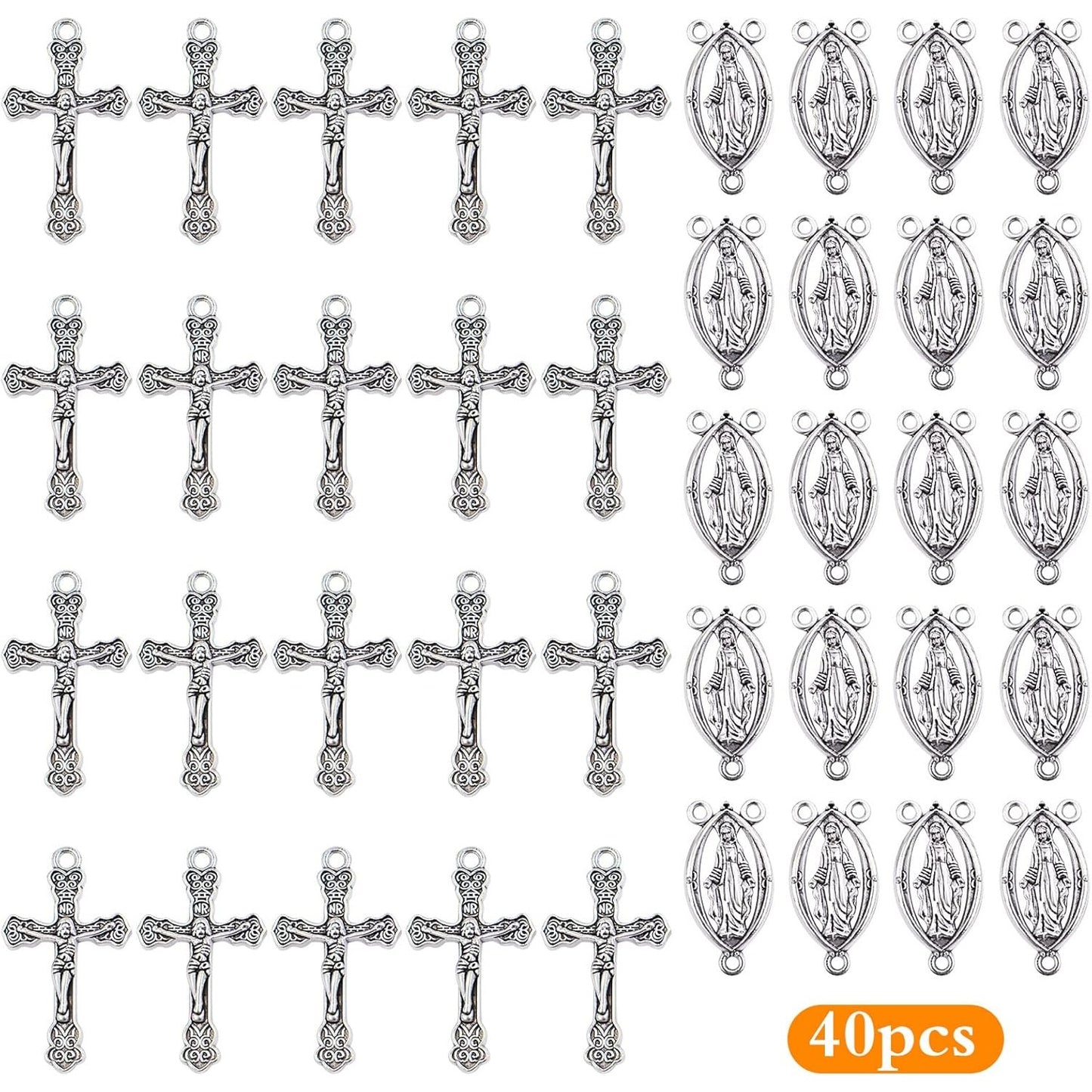 40pcs Gold Plated Rosary Cross and Center Charms Miraculous Medal Pendant Alloy Tibetan Style Jesus Crucifix Cross Pendants Oval Chandelier Links for Rosary Holy Beads Necklace Making