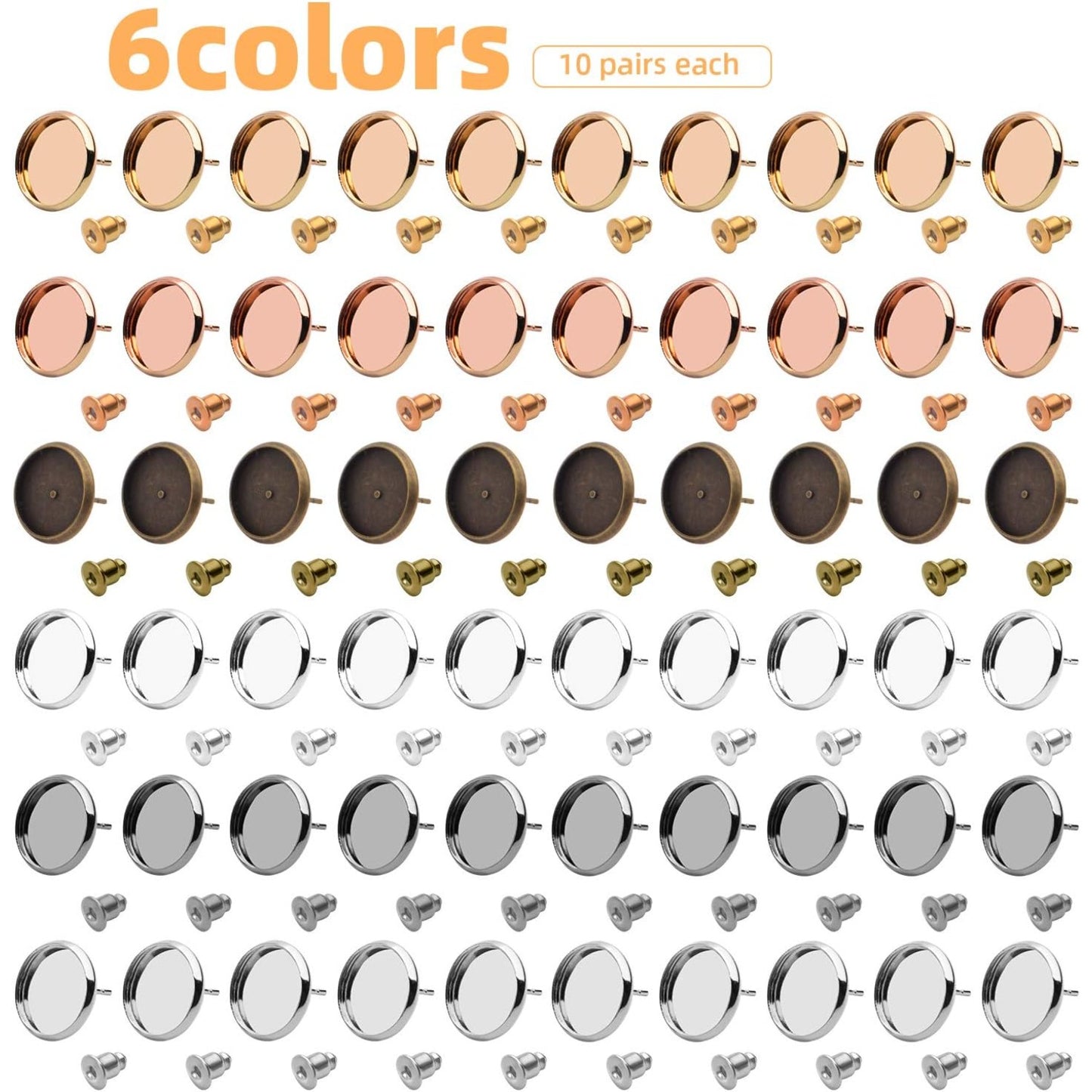 Stud Earring Findings, 60pcs Blank Stud Earring Bezel Setting Post Cup for 12mm Cabochon and 60pcs Earring Backs for Jewellery Making