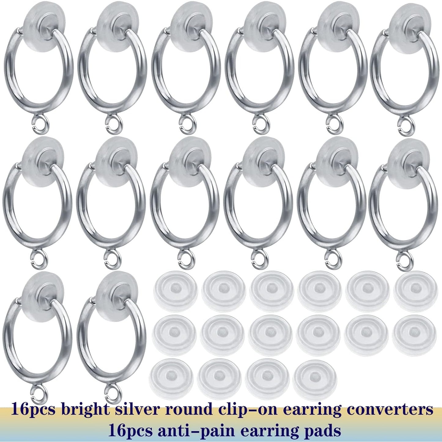 16pcs Brass Clip-on Hoop Earring Converters Round Dangle Ear Clips Classic Earring Findings with Open Loop for Non-Pierced Ears Jewelry Making, Bright Silver