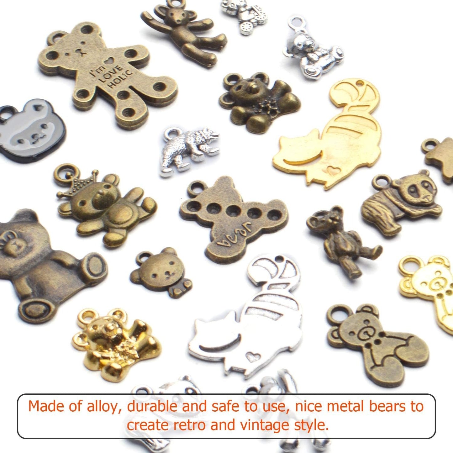 Bear Pendant Charms, 100g(About30-60pcs) Mixed Smooth Metal Alloy Bear Pendant Charms Lovely Teddy Bear Charm Necklace Bracelet Accessory for DIY Fashion Jewelry Making