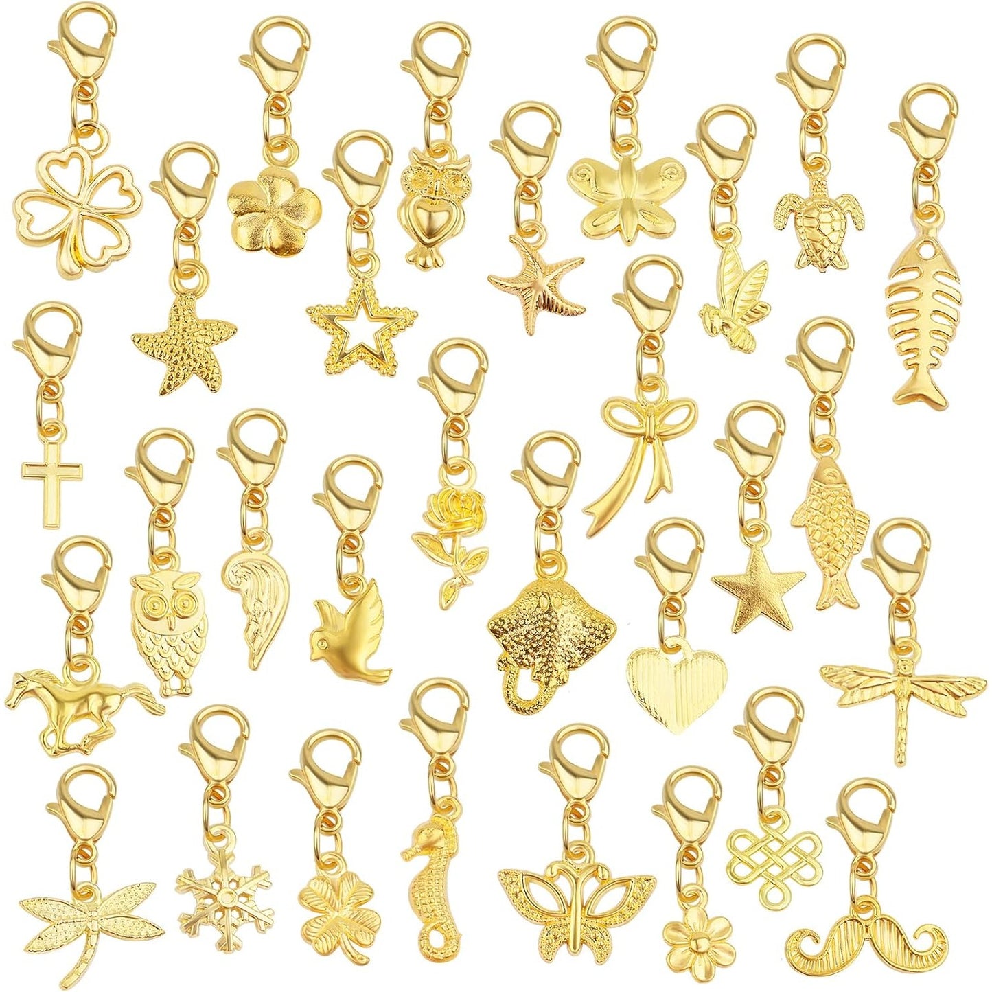 30 Pieces Golden Clip on Charm Pendants Mixed Styles Dangle Charms with Lobster Clasp Craft Supplies for DIY Earrings Jewelry Making Accessories