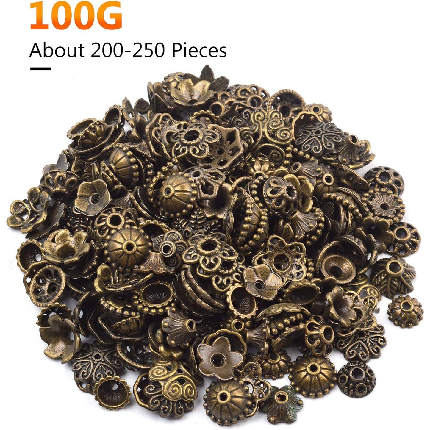 100 Gram(About 150-250pcs) Bali Style Jewelry Making Metal Bead Caps Deluxe New Mix,Bronze