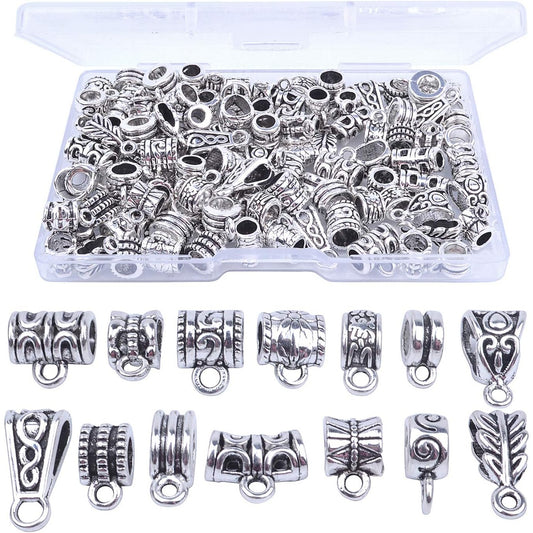 100g Bails Beads,14 Styles Tibetan Silver Bail Tube Beads Spacer Beads Bead Hanger for Jewelry Making Bracelet Necklace 120-126 Pieces