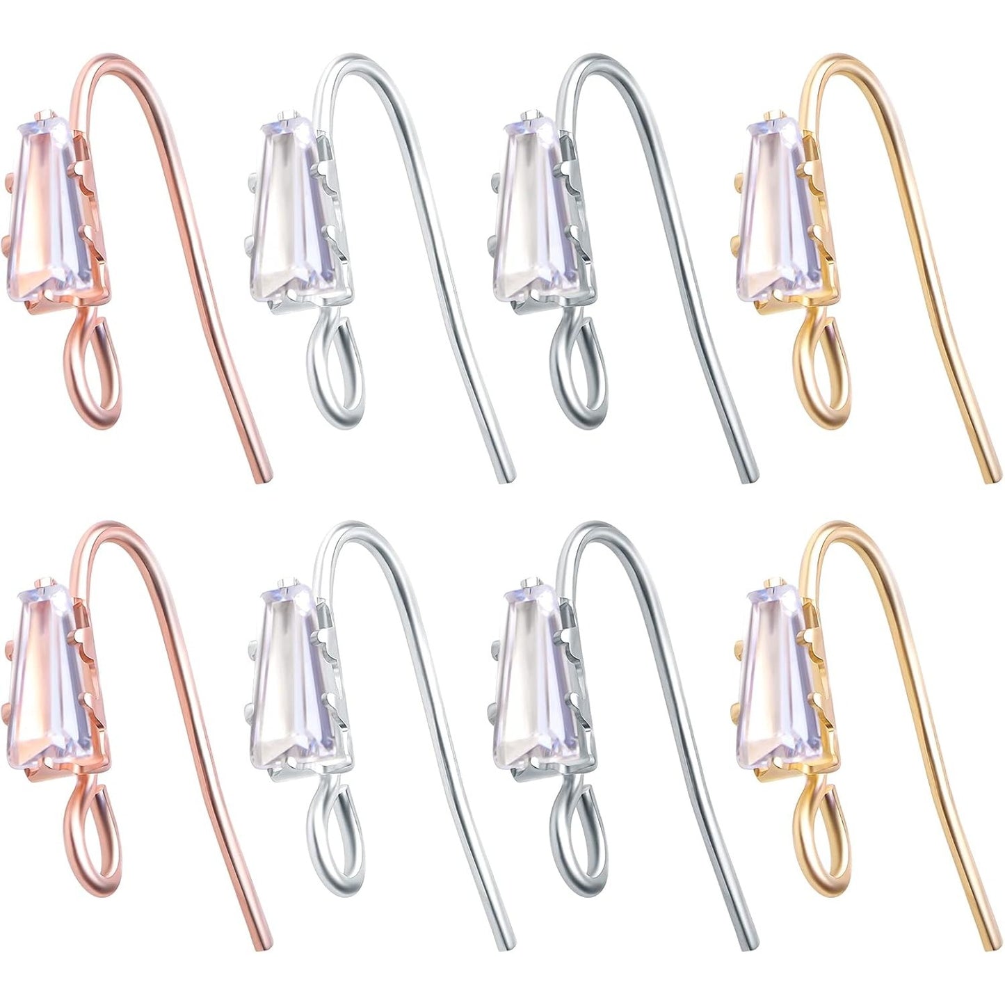 16pcs Crystal Rhinestone Earring Hooks Hypoallergenic Brass Ear Wire Hooks Cubic Zirconia French Fish Hook Earrings with Loop Hole for DIY Dangle Earrings Jewelry Making, 4 Colors