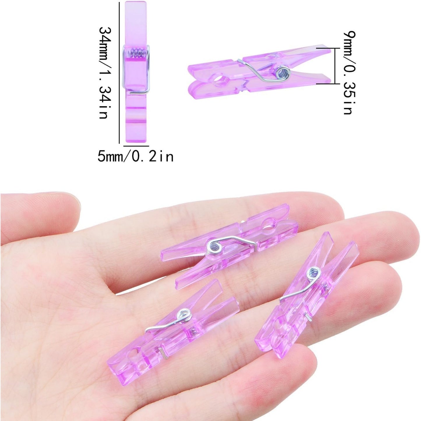 100 Pieces Clear Plastic Clothespins Mini Transparent Craft Clips Pictures Paper Peg Pins for Hanging Photos String Fairy Lights Wedding Party Decor, Purple