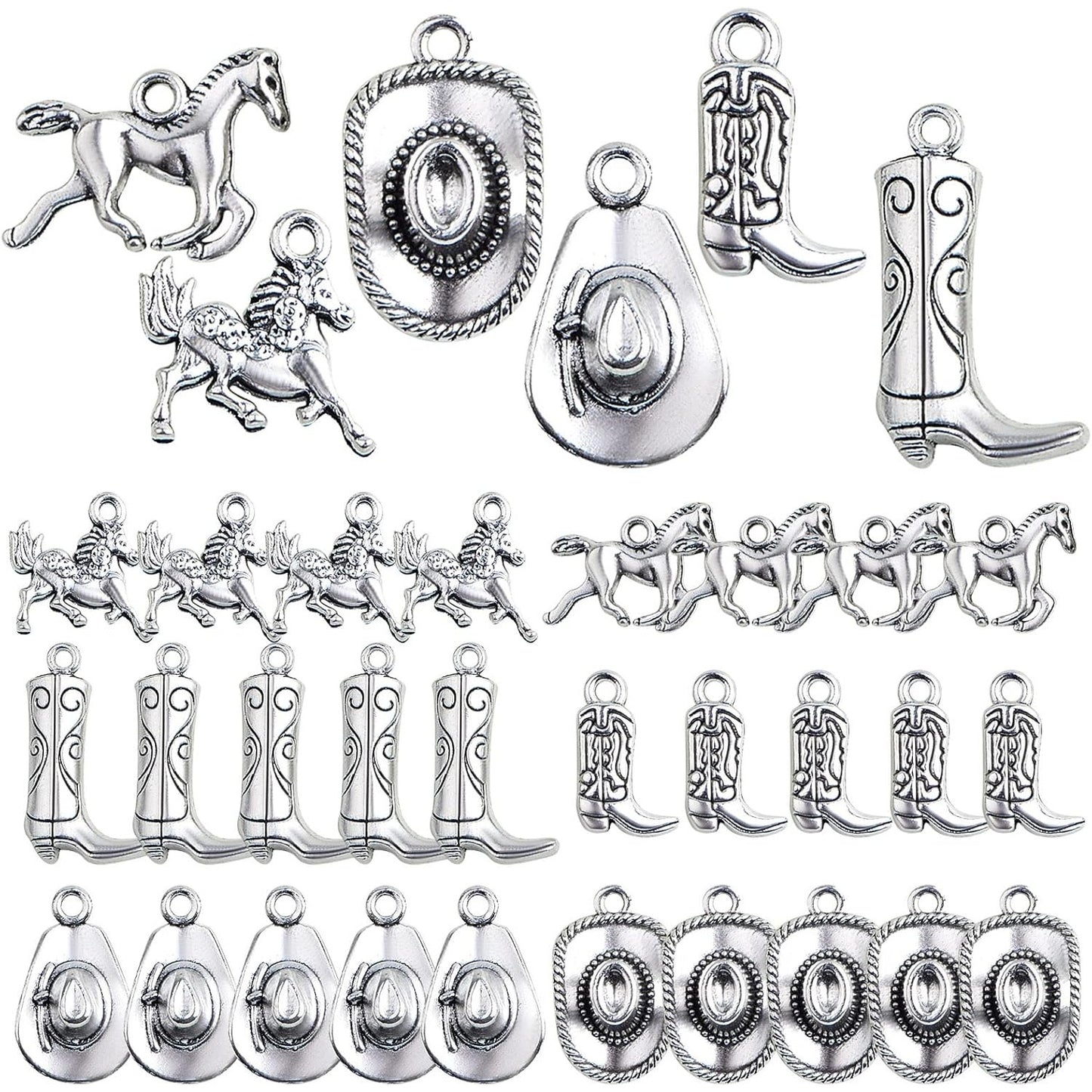 60pcs Antique Silver Western Cowboy Pendant Charms Alloy Mixed Western Horse Boot Hat Dangle Pendants for DIY Bracelet Necklace Jewelry Making Father's Day Gift, 6 Styles