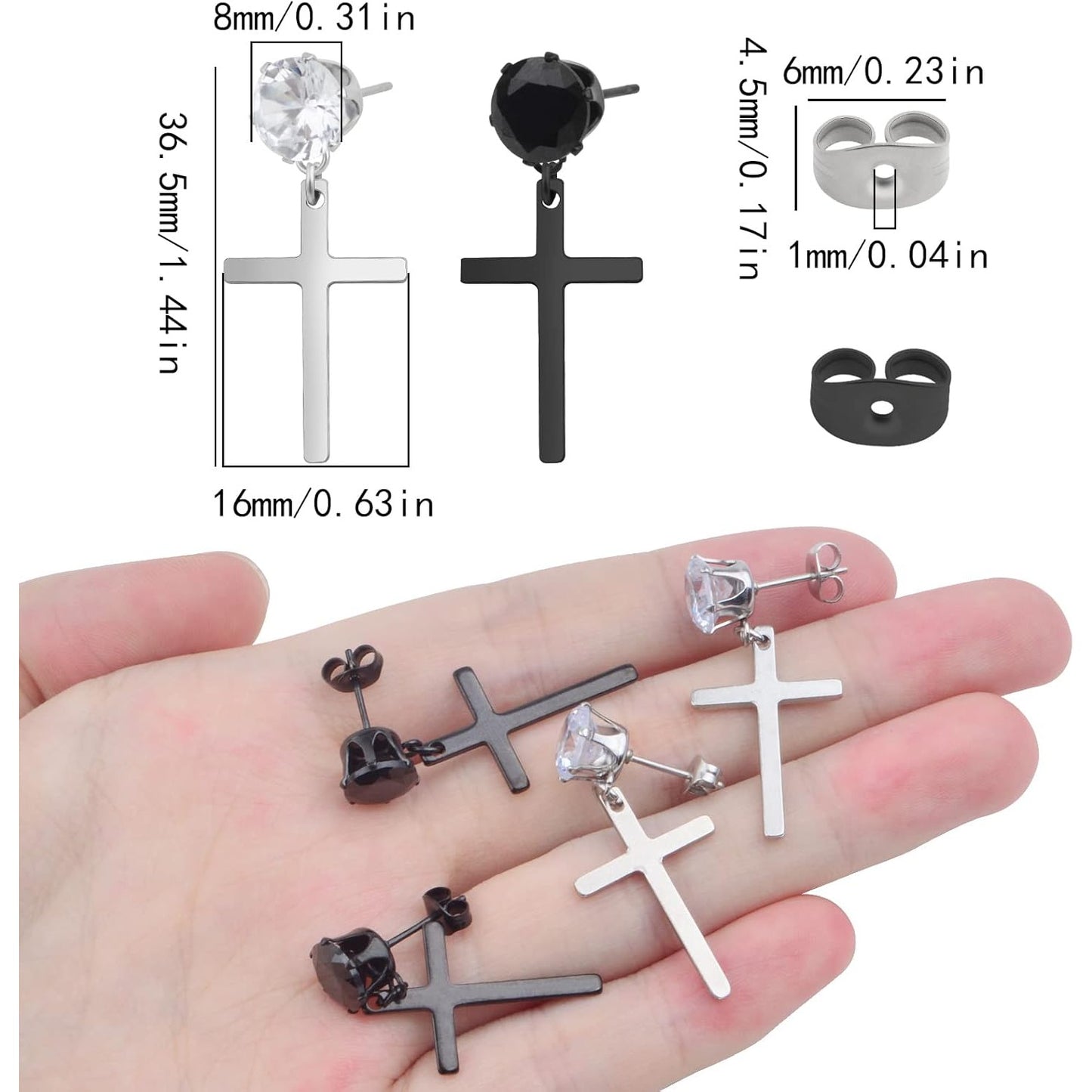 12pcs Hypoallergenic Cubic Zirconia Cross Stud Earrings Stainless Steel Dangle Earrings Rhinestone Cross Drop Charms Hoop Earrings for Women Men Earrings Making, 2 Colors
