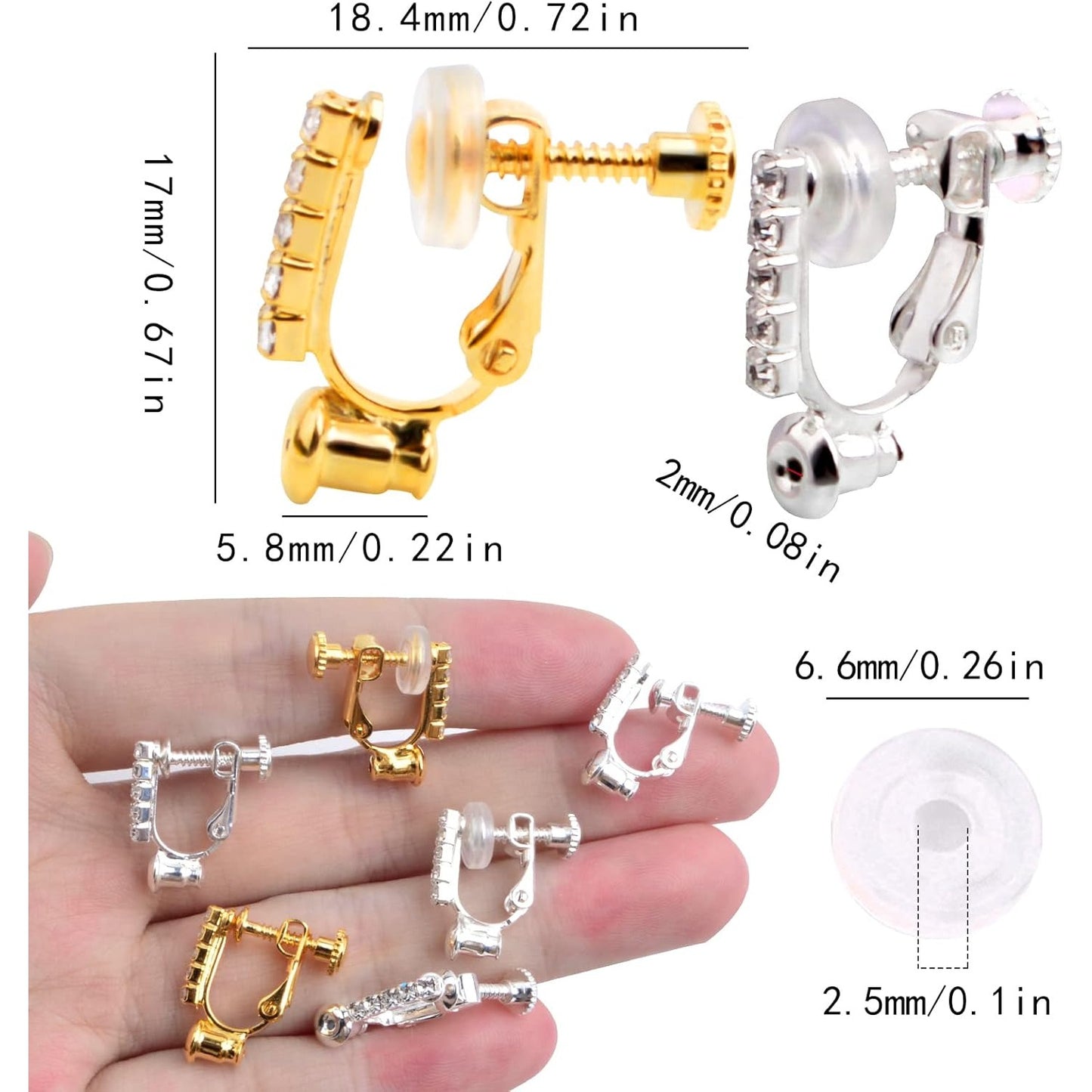 12pcs 2 Colors Clip-on Earring Converters Brass Screw Earclips Components with 5 Rhinestone and 12pcs Silicone Anti-pain Ear Pads for Non-Pierced Ears DIY Jewelry Making Findings