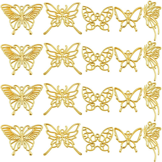 20pcs Golden Plated Hollow Butterfly Frame Charms Alloy Open Back Bezel Pendants Butterfly Shape Resin Mould Charms for DIY Necklace Bracelet Jewelry Making, 5 Styles