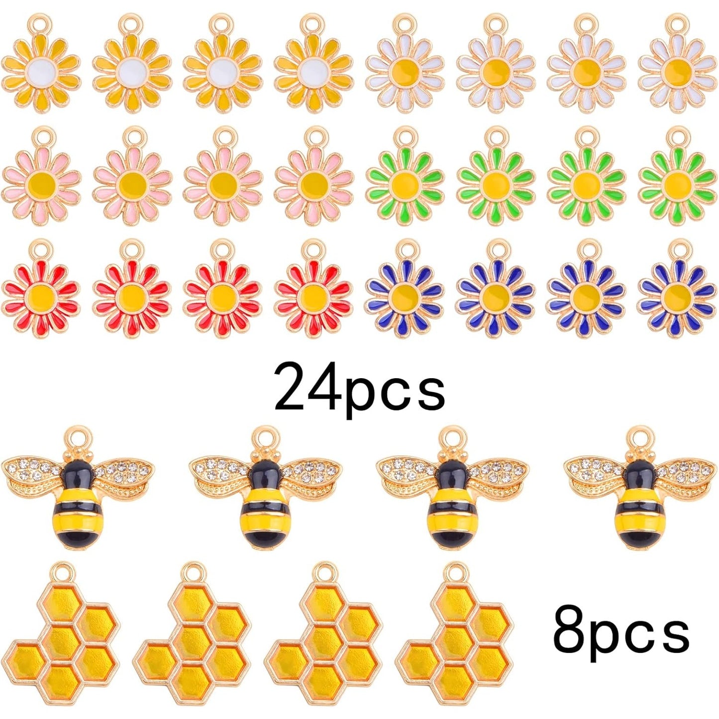 32pcs Enamel Sunflower Bee Charms Colorful Daisy Flower Pendants Alloy Rhinestone Honeybee Honeycomb Dangle Charms for DIY Necklace Bracelet Jewelry Making Findings, 3 Styles