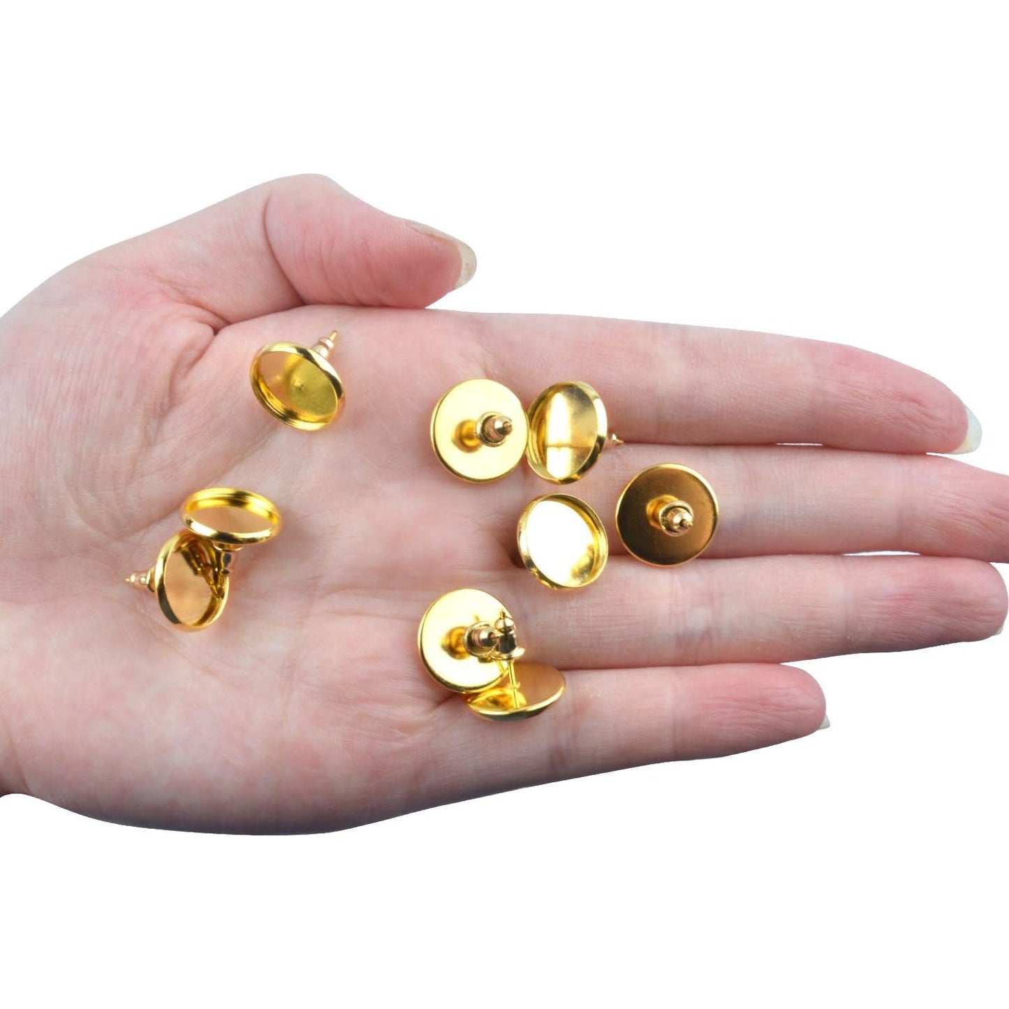 50 Pieces Stainless Steel Stud Gold Earring Cabochon Setting Post Cup for 12mm and 50 Pieces Bullet Clutch Earrings Safety Backs