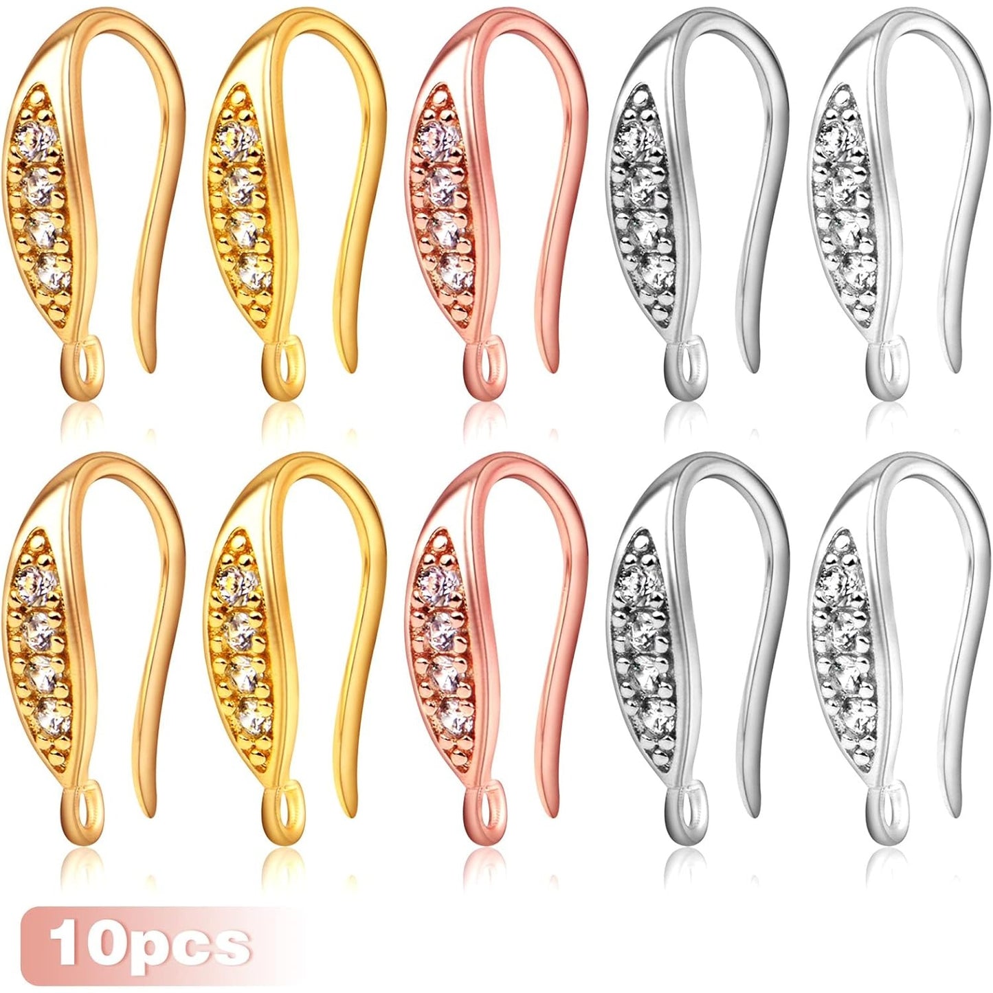 10pcs Cubic Zirconia Earring Hooks Hypoallergenic Brass Ear Wire Fish Hooks with Dangle Loop Rhinestone Earring Connectors for DIY Earrings Jewelry Making, 5 Colors