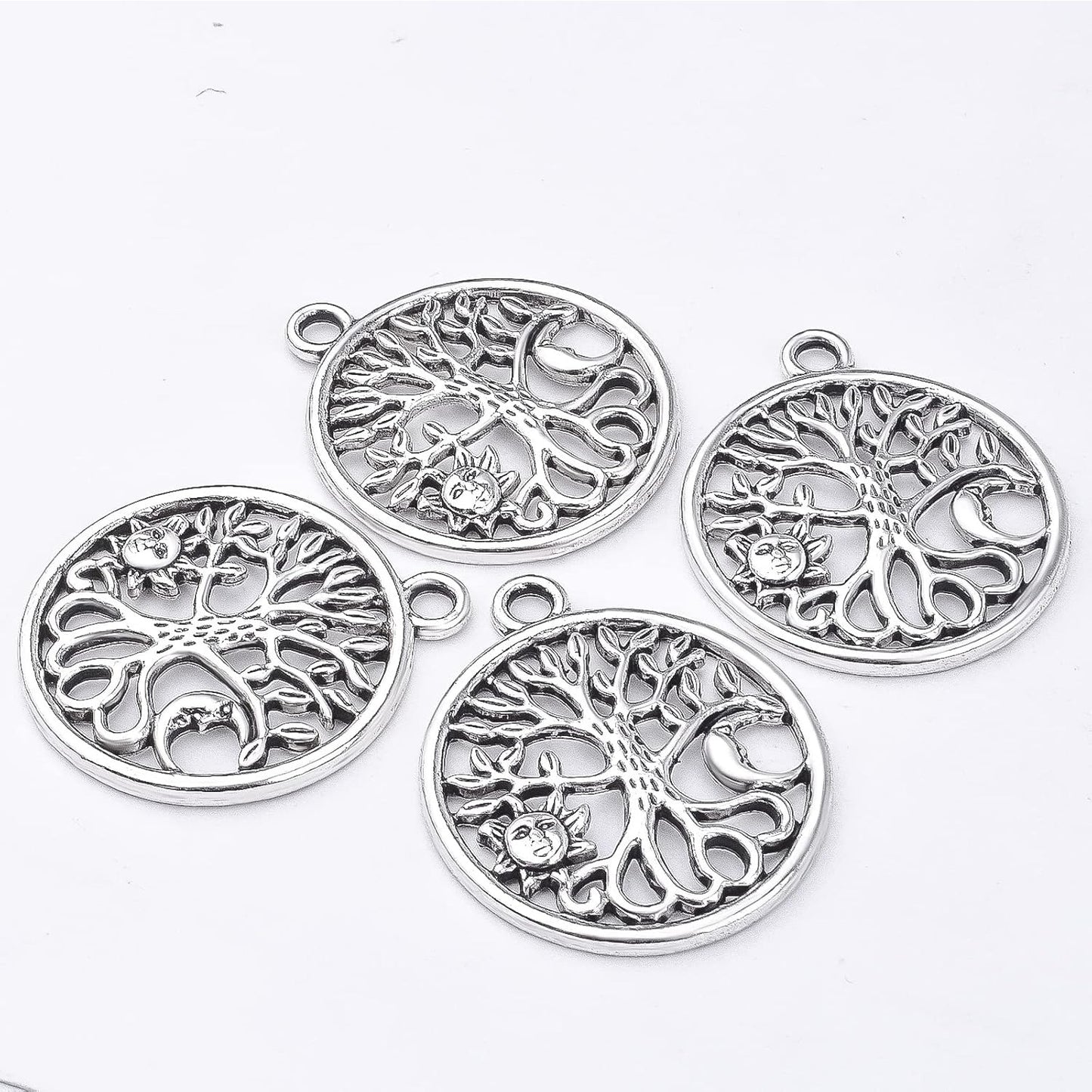 30pcs Antique Silver Tree of Life Charms Pendants with Sun Moon Tibetan Alloy Hollow Round Tree Vintage Charms Jewelry Making Accessory for DIY Necklaces Bracelets