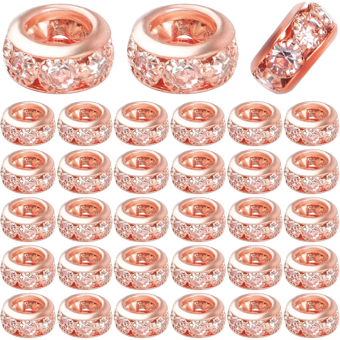 40pcs Rose Gold European Large Hole Beads Rhinestone Rondelle Spacer Beads Crystal Loose Charm Beads for DIY Bracelet Necklace Crafts Jewelry Making Supplies, Hole: 6 mm