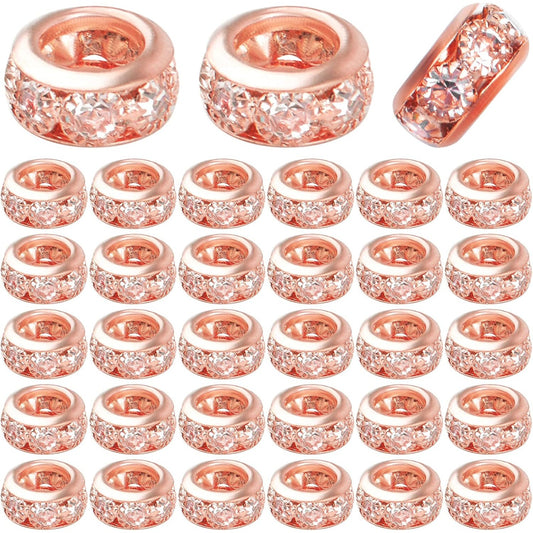 40pcs Rose Gold European Large Hole Beads Rhinestone Rondelle Spacer Beads Crystal Loose Charm Beads for DIY Bracelet Necklace Crafts Jewelry Making Supplies, Hole: 6 mm