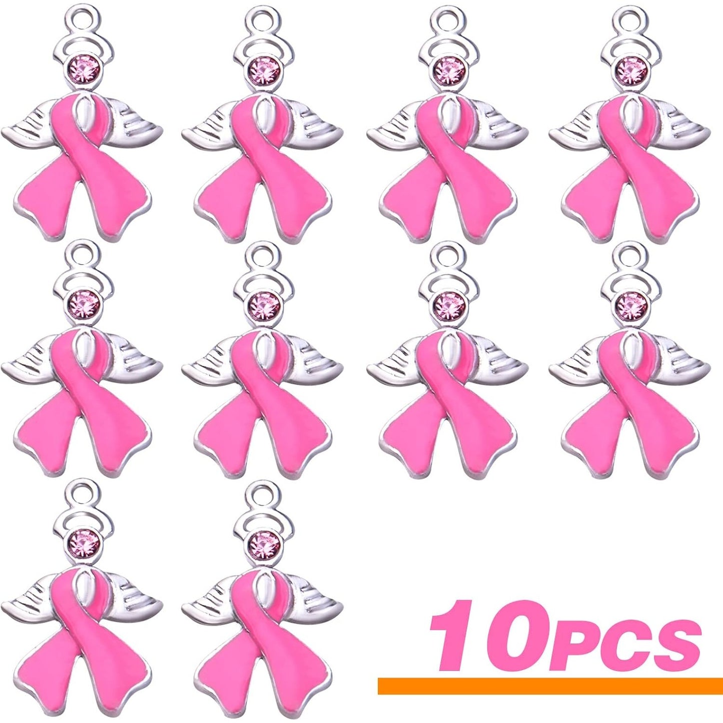 10pcs Pink Ribbon Pendants Breast Cancer Awareness Charms with Angel Wing Enamel Rhinestone Ribbon Charms Jewelry Making Accessories for DIY Crafts Necklace Bracelet Earrings