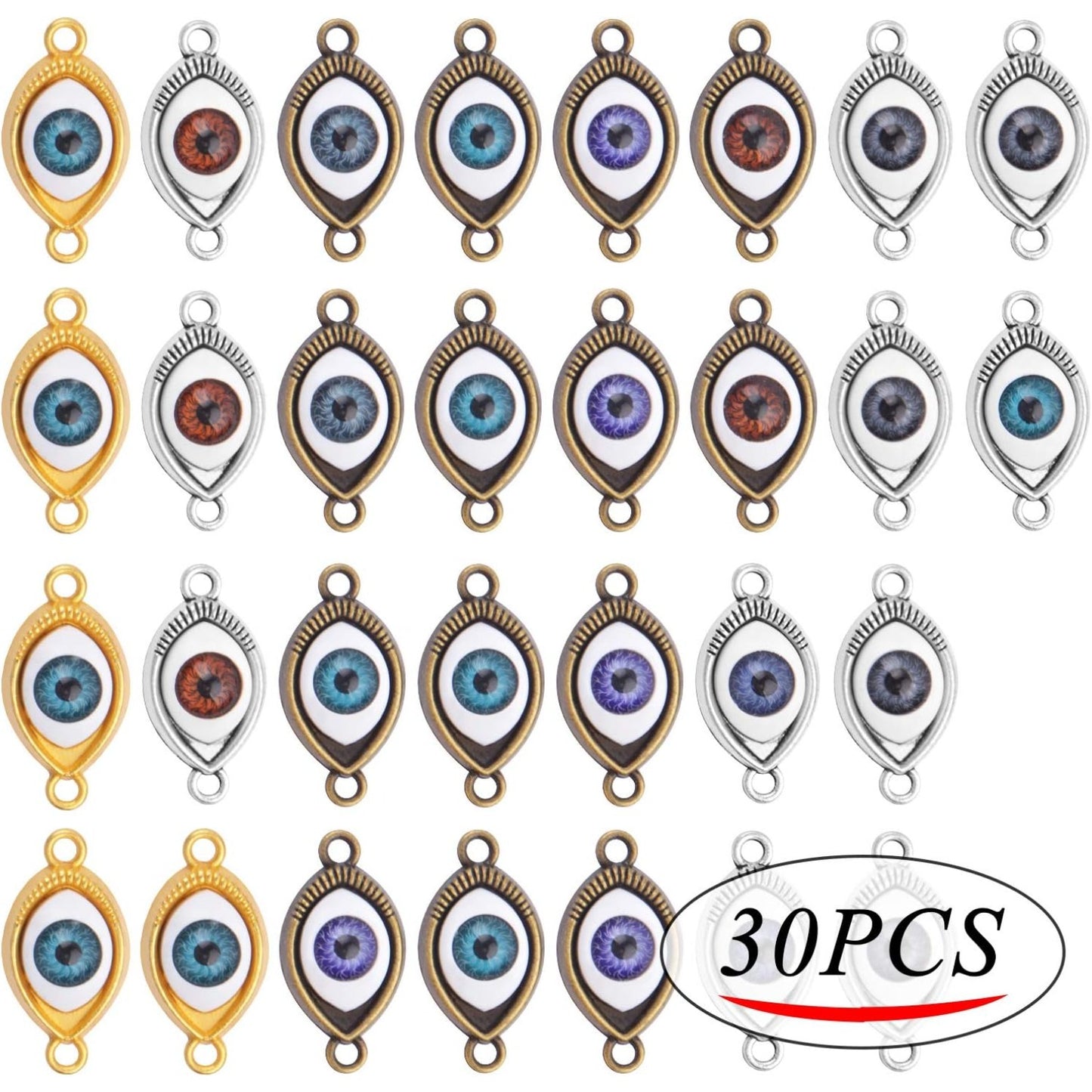30pcs Antique Eye Shaped Charms Mixed Evil Eye Pendants with 2 Large Holes for Crafting Jewelry Making