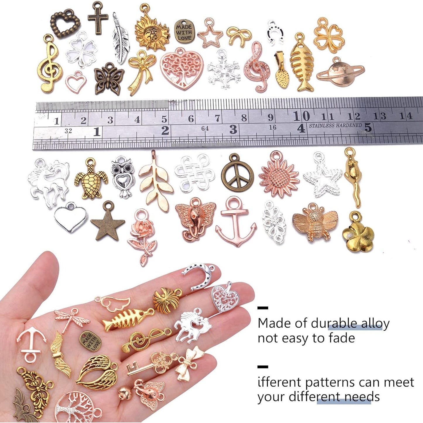 100pcs Craft Supplies Mixed Heart Star Animal Flower Branch Alloy Charms Pendants Bead Charm for Jewelry Making Bracelet Necklace, 7 Colors