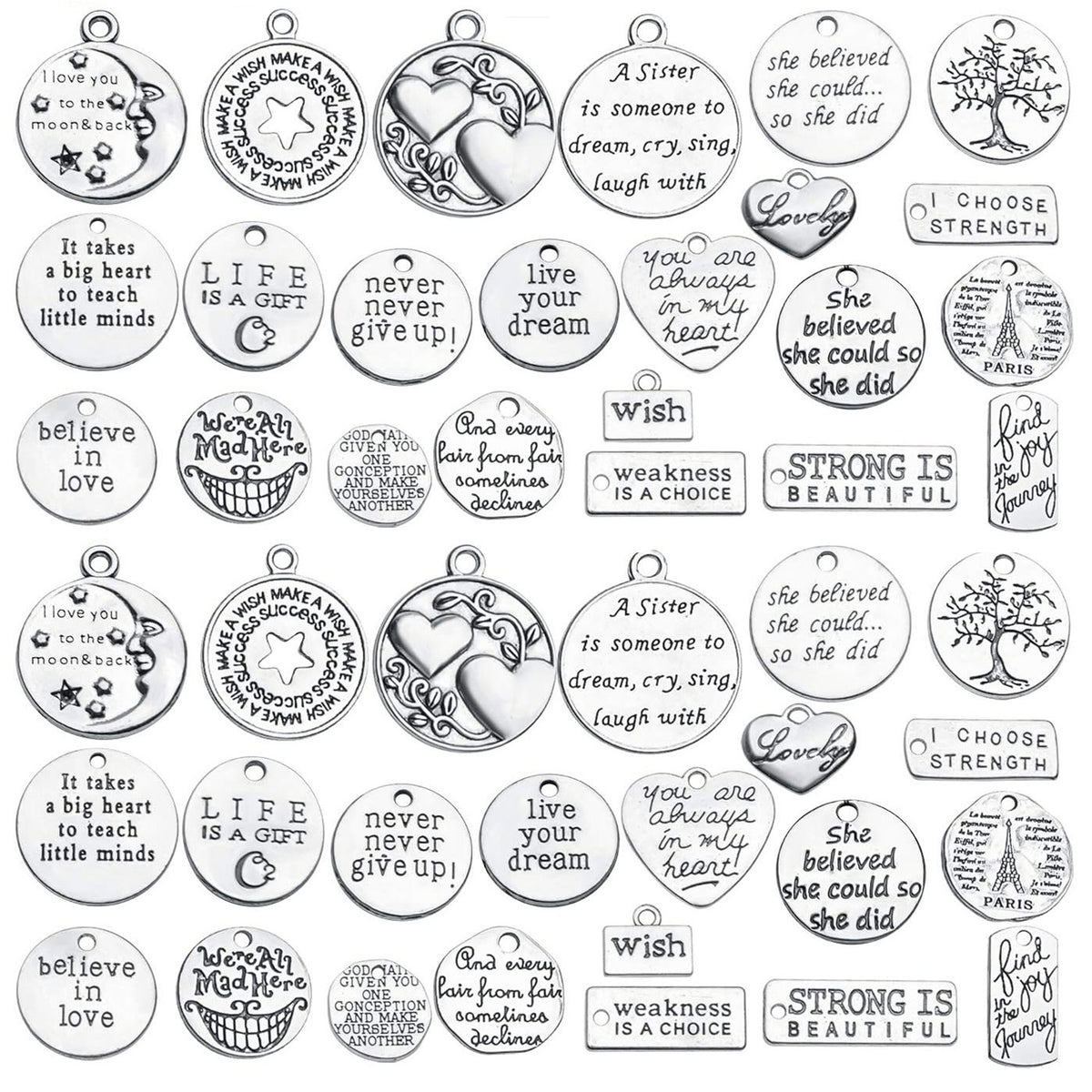 Words Pendant Charms, 46pcs Inspirational Words Charms Alloy Message Bead Pendants Accessory for DIY Necklace Bracelet Jewelry Making Crafting, Antique Golden and Silver