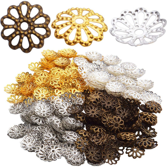 Flower Bead Caps,400pcs Tibetan Style Flower Shape Bead Caps Alloy Beads Caps Spacers for Bracelet Necklace Jewelry Making, White Golden, Golden, Silver, Antique Bronze, 9mm