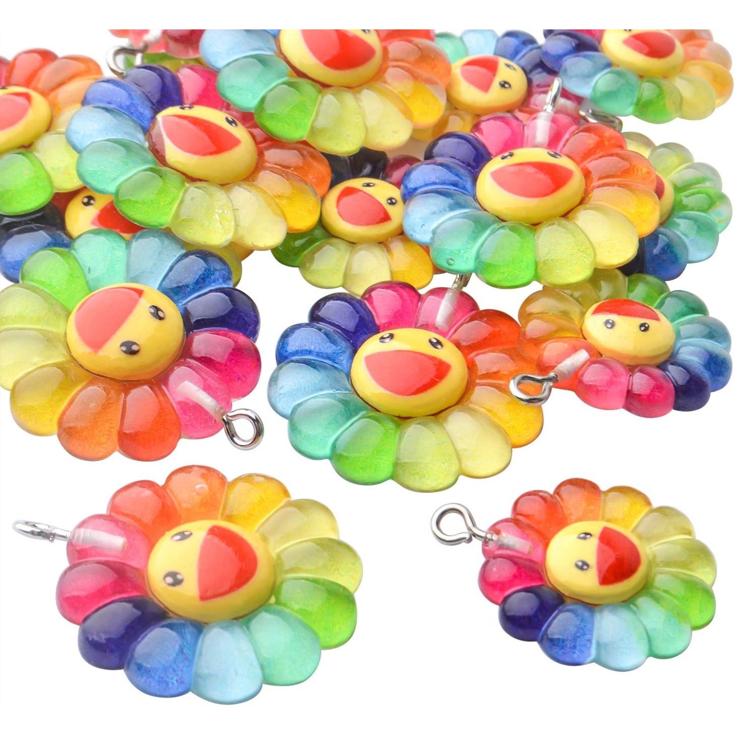 Sunflower Pendants, 20pcs Resin Rainbow Flower Charms & Smiley Face Cabochons for DIY Jewelry, 2 Sizes