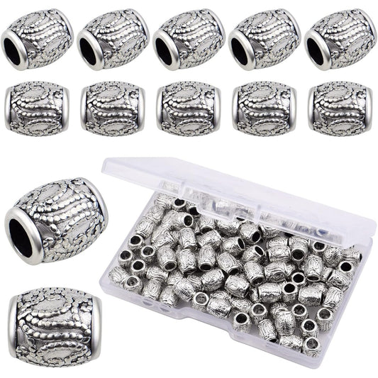 100pcs Antique Silver Oval Spacer Beads Alloy European Large Hole Loose Beads with A Plastic Box for DIY Bracelet Jewelry Making Handmade Decor, Hole: 4.3 mm