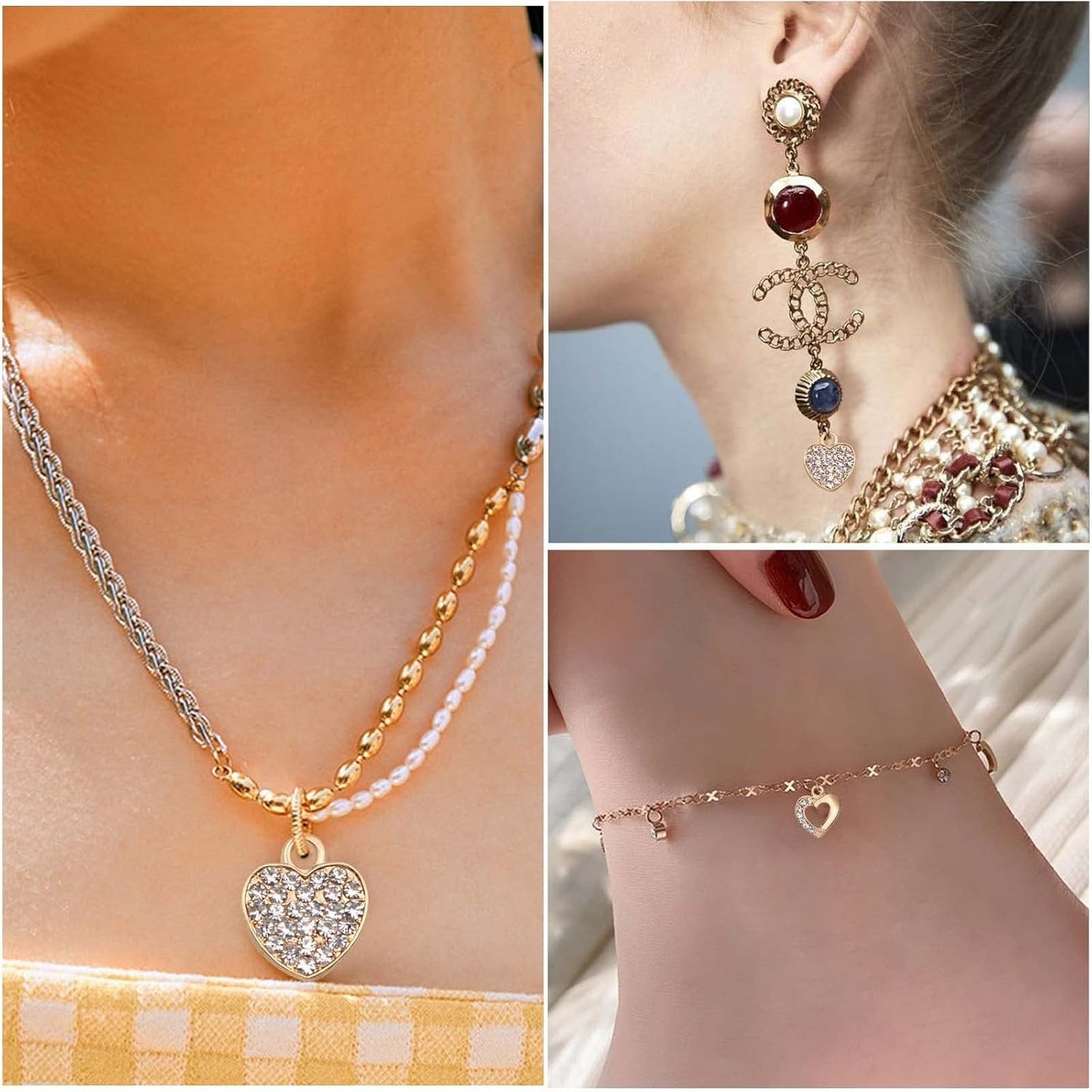 20pcs KC Golden Heart Rhinestone Charms Valentine Love Heart Shaped with Diomond Dangle Pendants for DIY Bracelet Necklace Jewelry Making Christmas Birthday Gift, 2 Styles