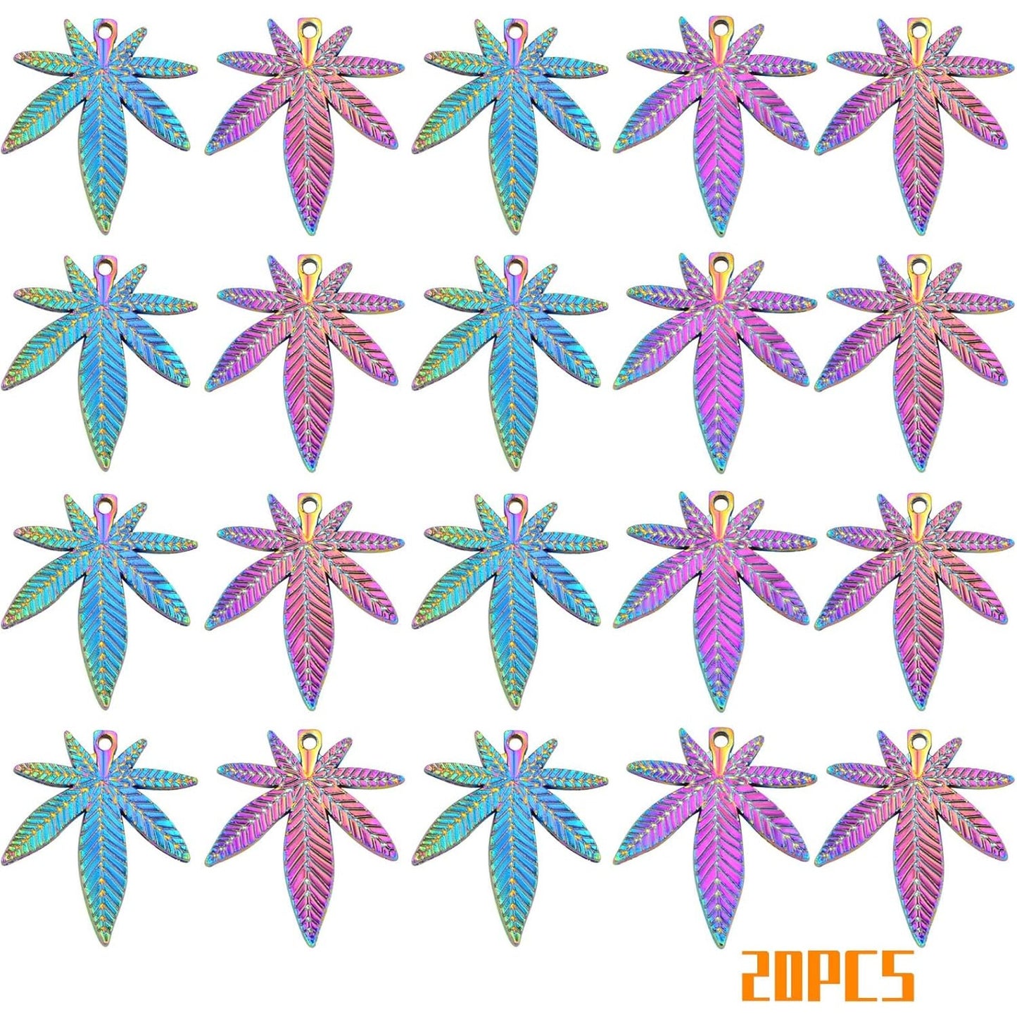 20pcs Alloy Maple Leaves Pendant Charms Marijuana Leaf Cannabis Tree Leaves Dangle Pendants for DIY Necklace Bracelet Earrings Jewelry Craft Making, Rainbow Color