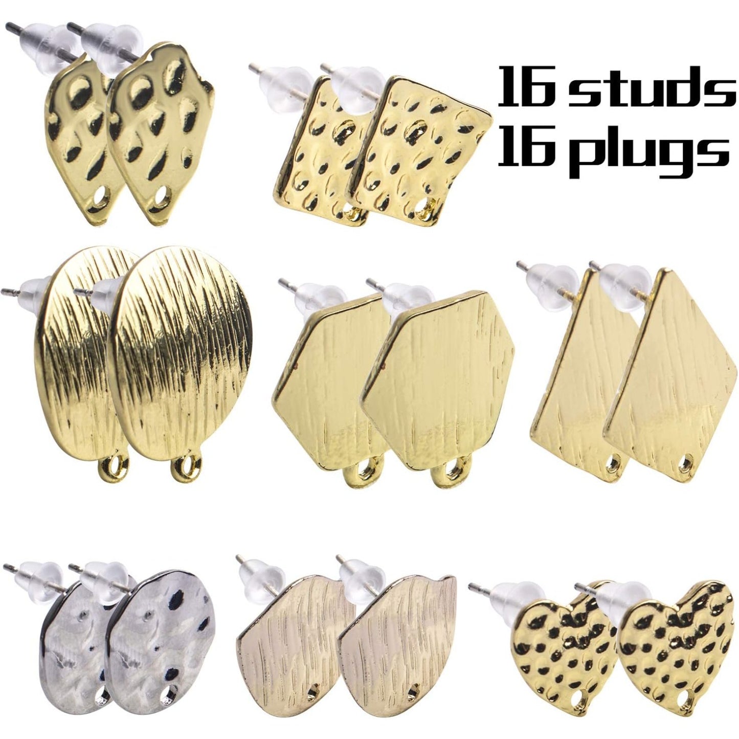 Blank Earring Set, 16pcs 8 Styles Metal Alloy Stud Earrings Post Blank Base with Loop Irregular Shapes Earring Pins with 16pcs Bullet Earring Backs for DIY Earring Jewelry Making, Golden