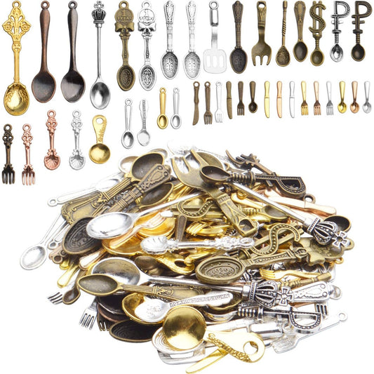Tableware Charms,100g (80-120pcs) Fork Knife Spoon Tableware Pendants Mixed Kitchen Theme Charms Craft Supplies for DIY Necklace Bracelet