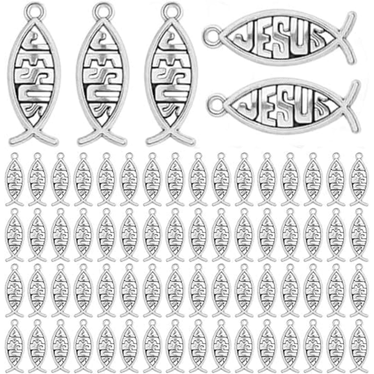 100pcs Antique Silver Jesus Fish Charms Tibetan Alloy Christian Fish Shaped Jesus Pendants Charms Craft Supplies for DIY Bracelet Necklace Jewelry Making Findings