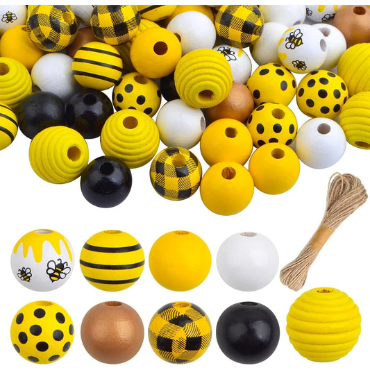 72pcs Mixed Bee Print Wood Beads Colorful Farmhouse Honeybee Buffalo Plaid Stripe Wood Craft Beads with a Hemp Rope Set for DIY Jewelry Making Garland Crafts Decor, 9 Styles