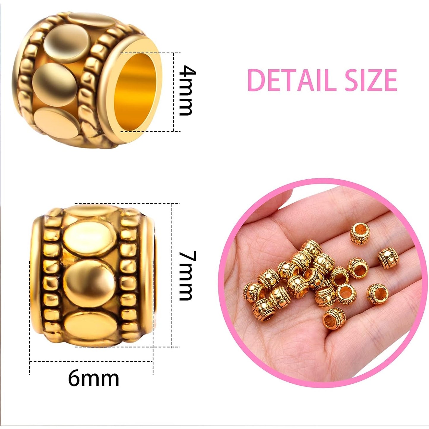 100pcs Antique Gold Large Hole Spacer Beads Tibetan Alloy European Barrel Beads Loose Charms for DIY Necklace Bracelets Jewelry Making Accessories, 7 mm x 6 mm, Hole: 4 mm