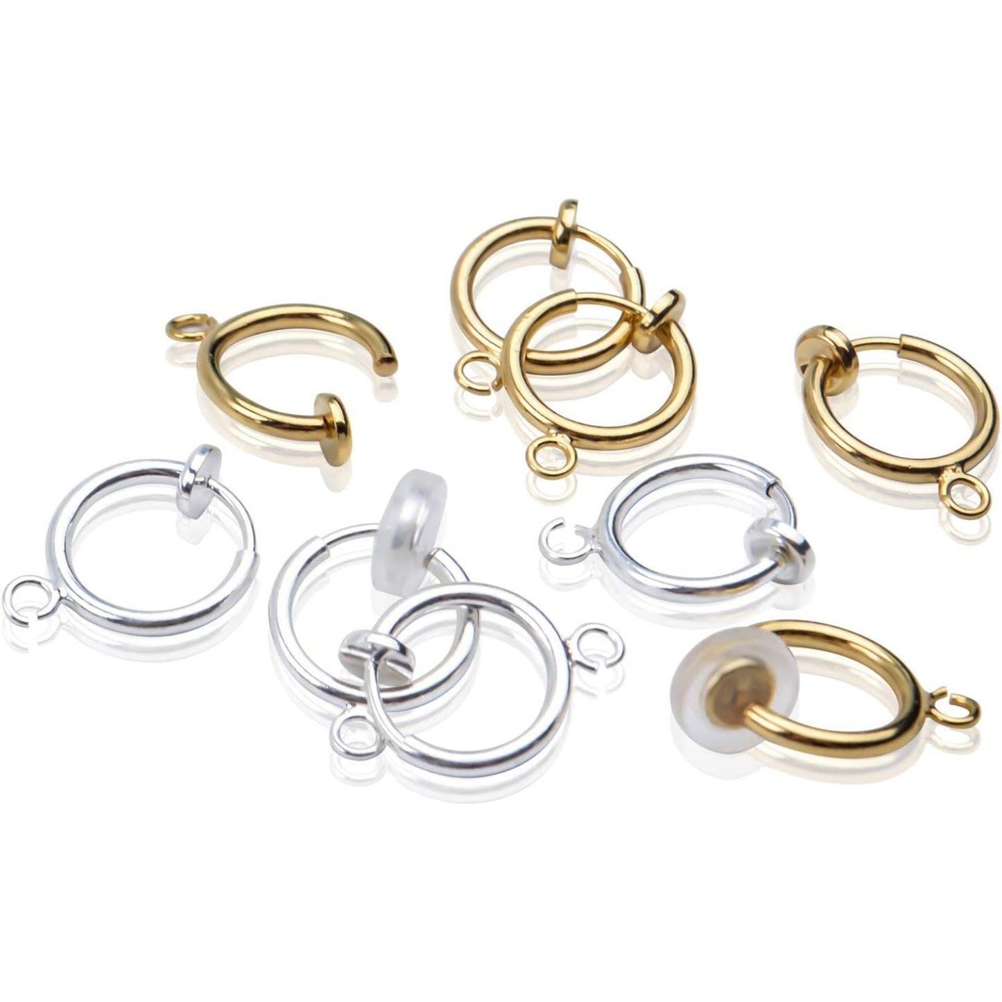 16pcs Brass Clip-on Hoop Earring Converters Round Dangle Ear Clips Classic Earring Findings with Open Loop for Non-Pierced Ears Jewelry Making, Bright Silver