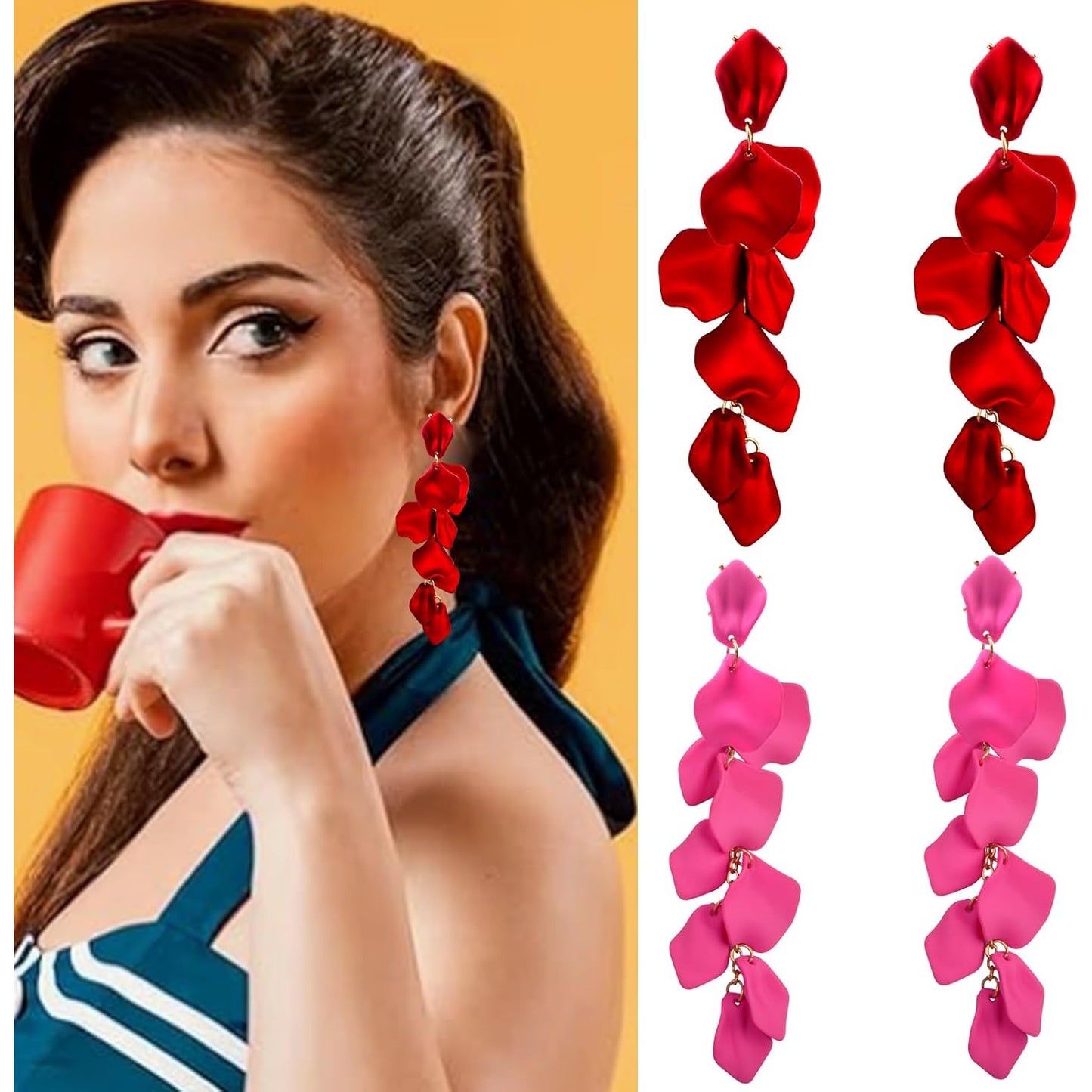 2 Pairs of Acrylic Long Rose Petal Dangle Earrings Flower Earring Studs Drop Statement Layered Floral Leaf Tassel Earrings for Women Beach Party Birthday
