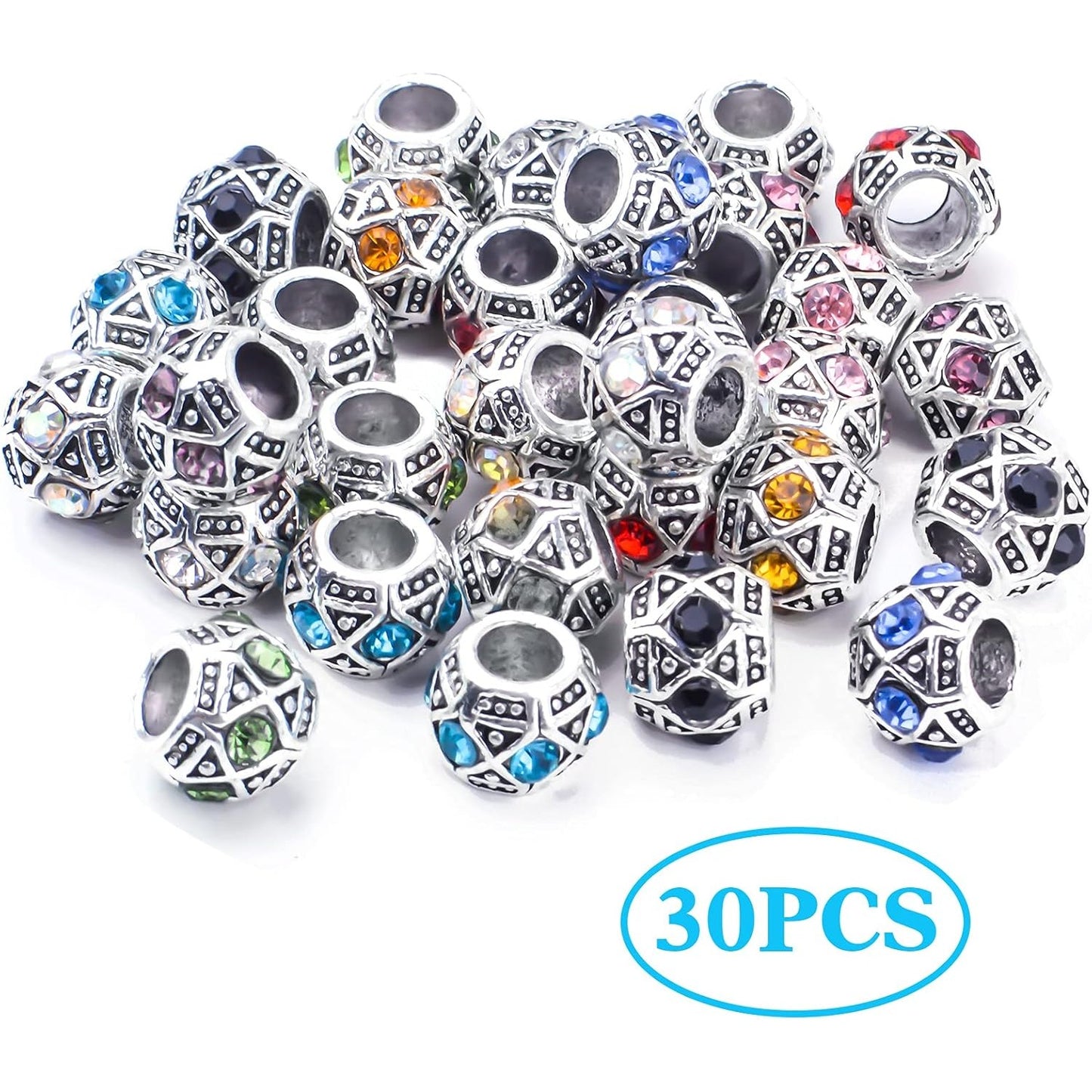 Rhinestone European Beads, 30pcs 10 Colors Large Hole Crystal Spacer Beads Loose Rondelle Charm Beads Crafts Supplies for DIY Snake Chain Bracelet Jewelry Making, 11 x 9 mm, Hole: 5 mm