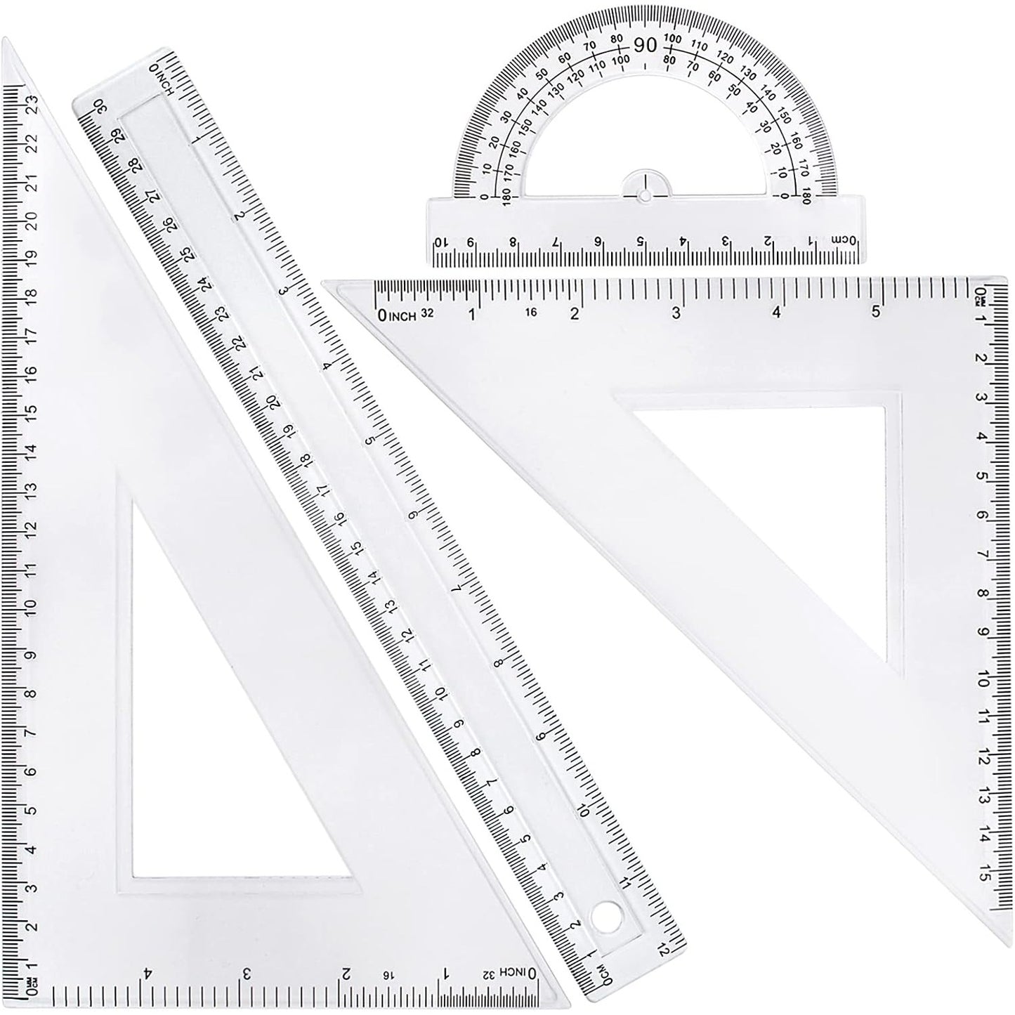 4pcs Math Geometry Tool Set, Including 1pcs Clear Plastic Straight Ruler, 1pcs Protractor and 2pcs Triangle Rulers Drawing Drafting Tool for School Office Home Supplies