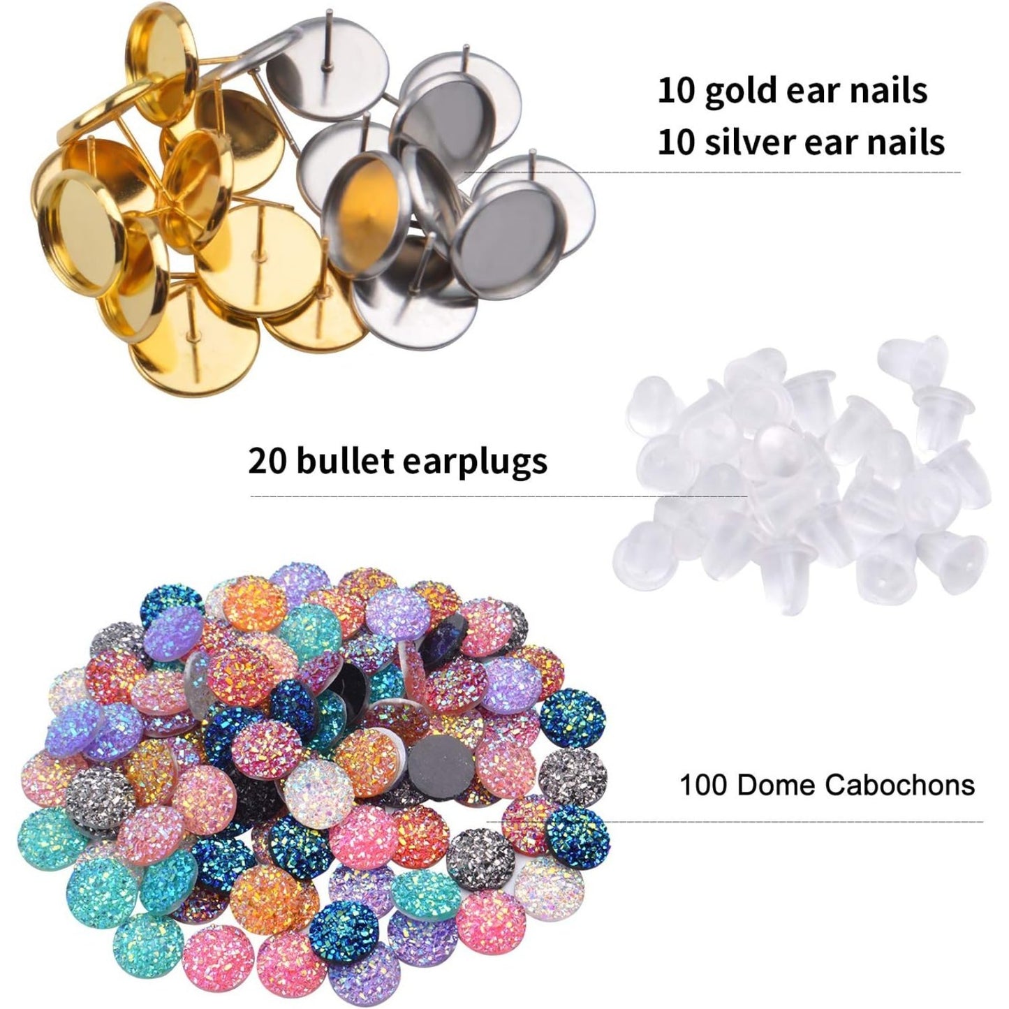 100 Pieces 12 mm Faux Druzy Resin Cabochons with 20 Pieces Stainless Steel Blank Stud Earring Bezel Setting and 20 Pieces Clear Earring Backs for Earring Jewelry Making -10 Colors