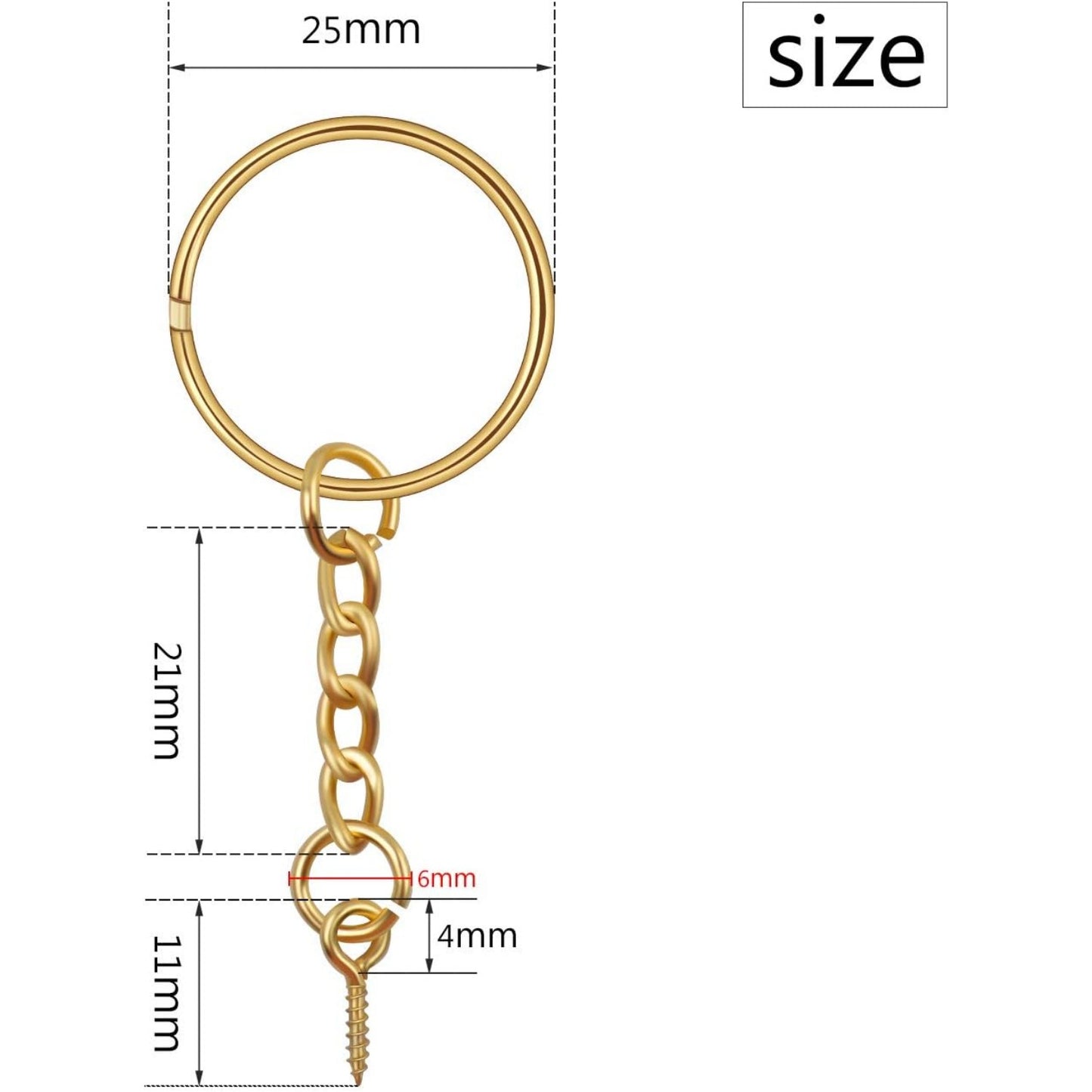 50pcs 25mm Split Key Ring with Extend Chain and 12mm Screw Eye Pin for Craft Charm Making,Gold