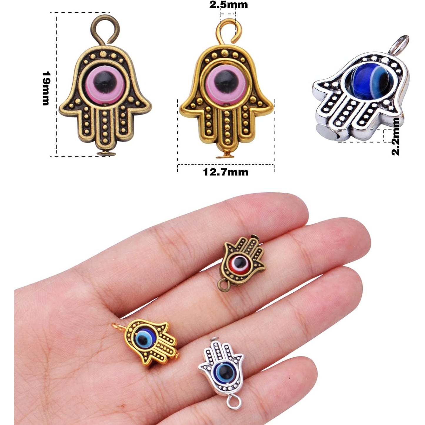 30pcs Hamsa Hand Charms Evil Eye Bead of Fatima Symbol Pendants Hamsa Hand Beads Frame Charms for DIY Necklace Bracelet Earrings Crafts Jewelry Making Findings, 3 Colors