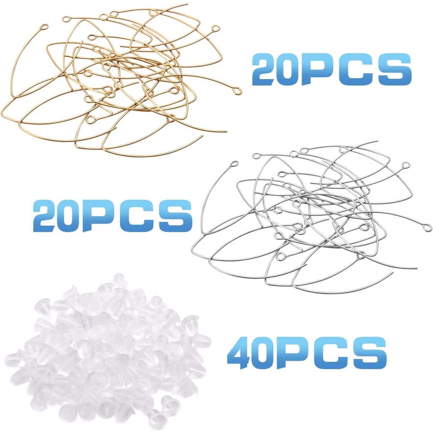 40pcs Stainless Steel Ear Wire V-Shaped Earring Hooks Hypoallergenic Earring Hooks Components and 40pcs Clear Ear Backs for DIY Dangle Earrings Jewelry Making, Silver