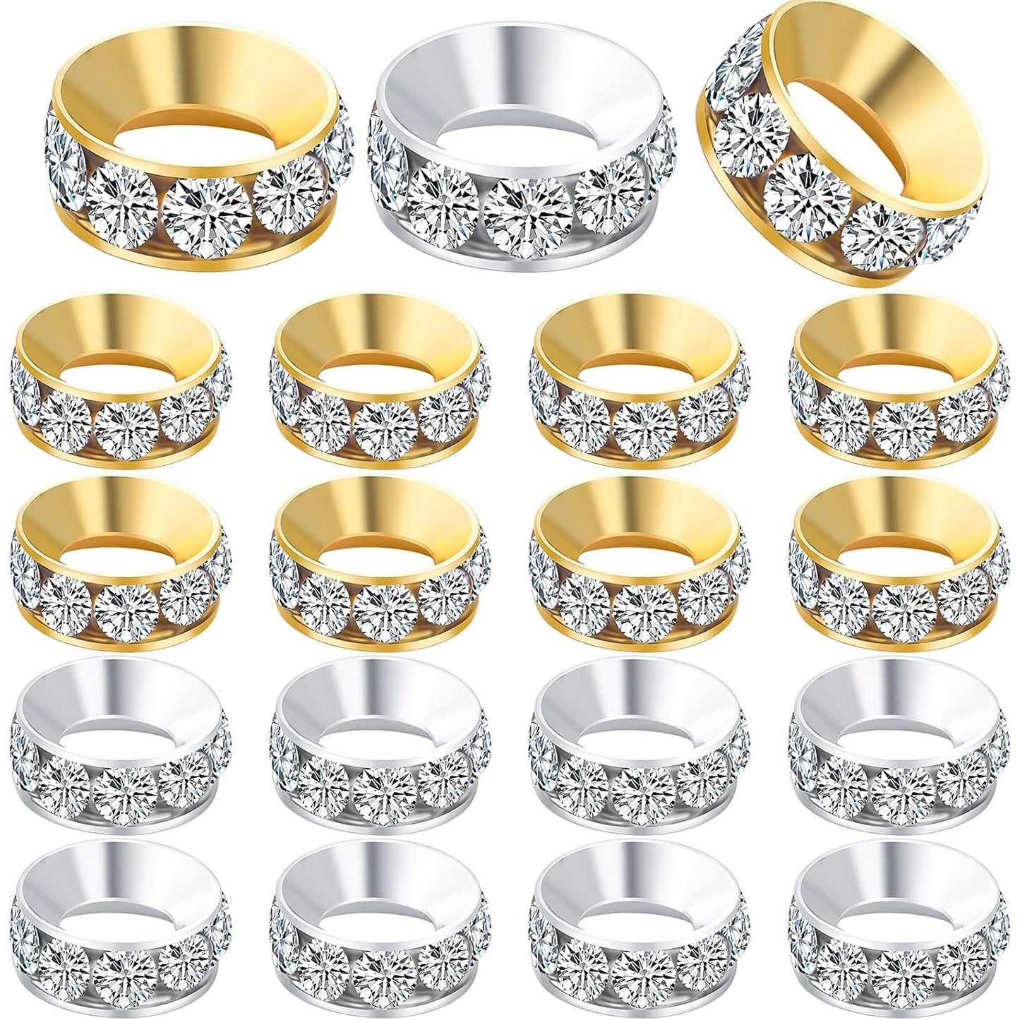 40pcs Crystal Rhinestone Spacer Beads Rondelle Loose Bead Brass European Large Hole Charm Beads for Necklaces Bracelets Crafts Jewelry Making Accessories, Golden and Silver